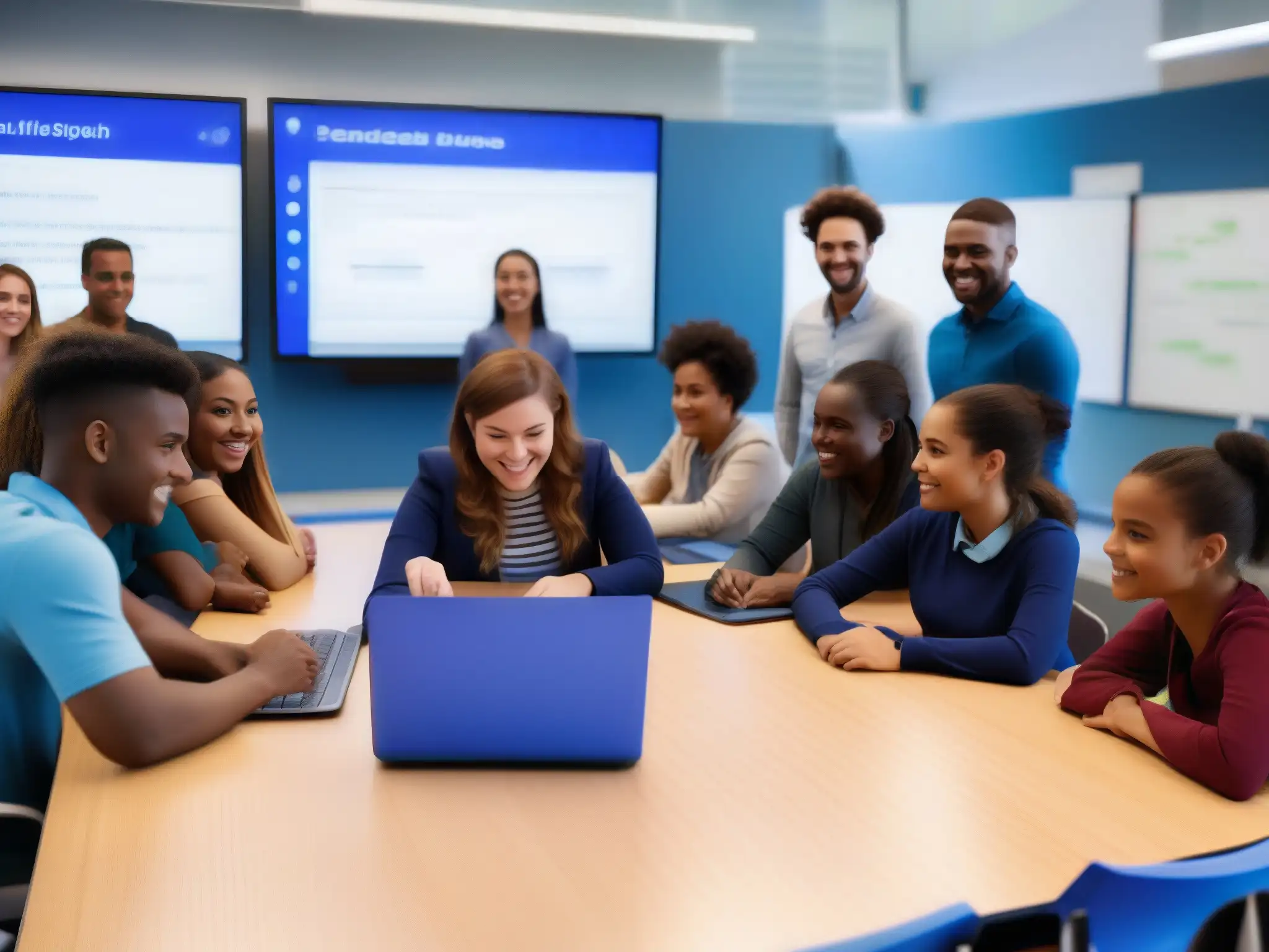 Estudiantes participando en una clase interactiva con BigBlueButton Integración de BigBlueButton en educación online: Estudiantes diversos participan activamente en una sesión de aprendizaje en un aula moderna