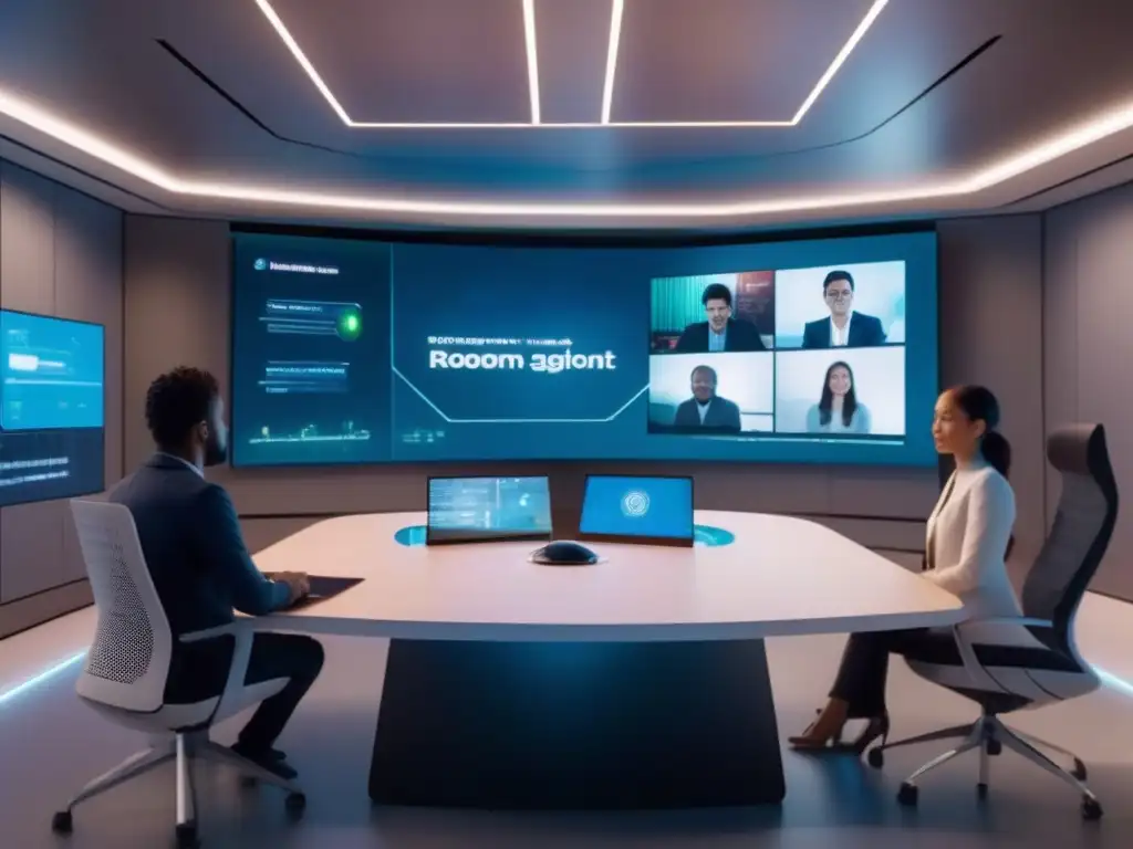 Sala de conferencias futurista con IA y avatares virtuales Integración de IA para eventos virtuales: Sala de videoconferencias futurista con tecnología avanzada y ambiente profesional de alta tecnología