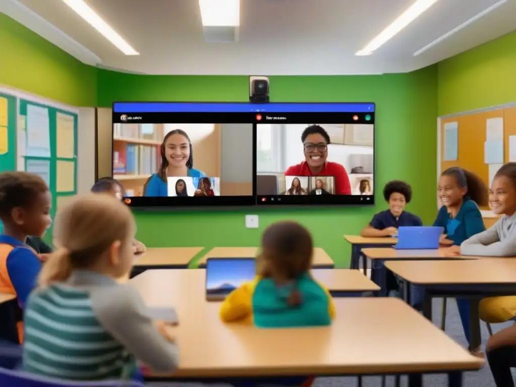 Aula virtual integrada: Zoom y Google Meet en acción Integración exitosa de Zoom y Google Meet potencia aprendizaje virtual en aula moderna con estudiantes y maestro comprometidos