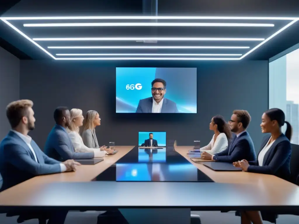 Videoconferencia 5G futurista con pantalla holográfica transparente 8K Integración 5G en videoconferencia profesionales: Futurista setup con display 8K transparente y llamada HD con participantes en reunión