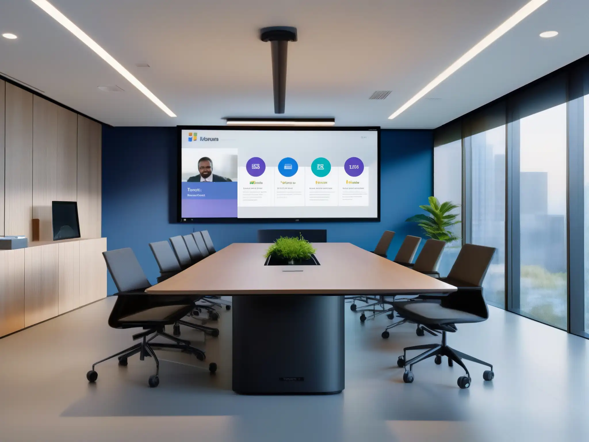 Sala de conferencias moderna con hardware de Microsoft Teams Integración de hardware para videoconferencia Teams Zoom en sala moderna con colaboración y productividad