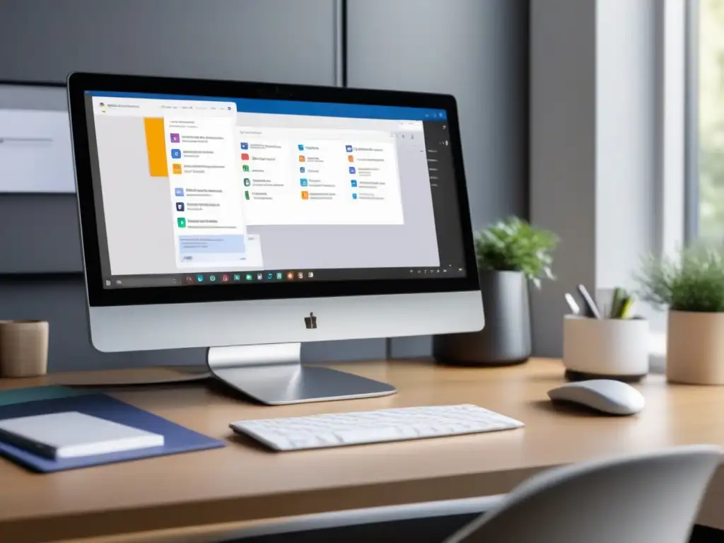 Oficina moderna con Microsoft Teams y Google Meet Integración de herramientas de oficina Microsoft Teams en un elegante y moderno escritorio de oficina, con luz natural y ambiente profesional