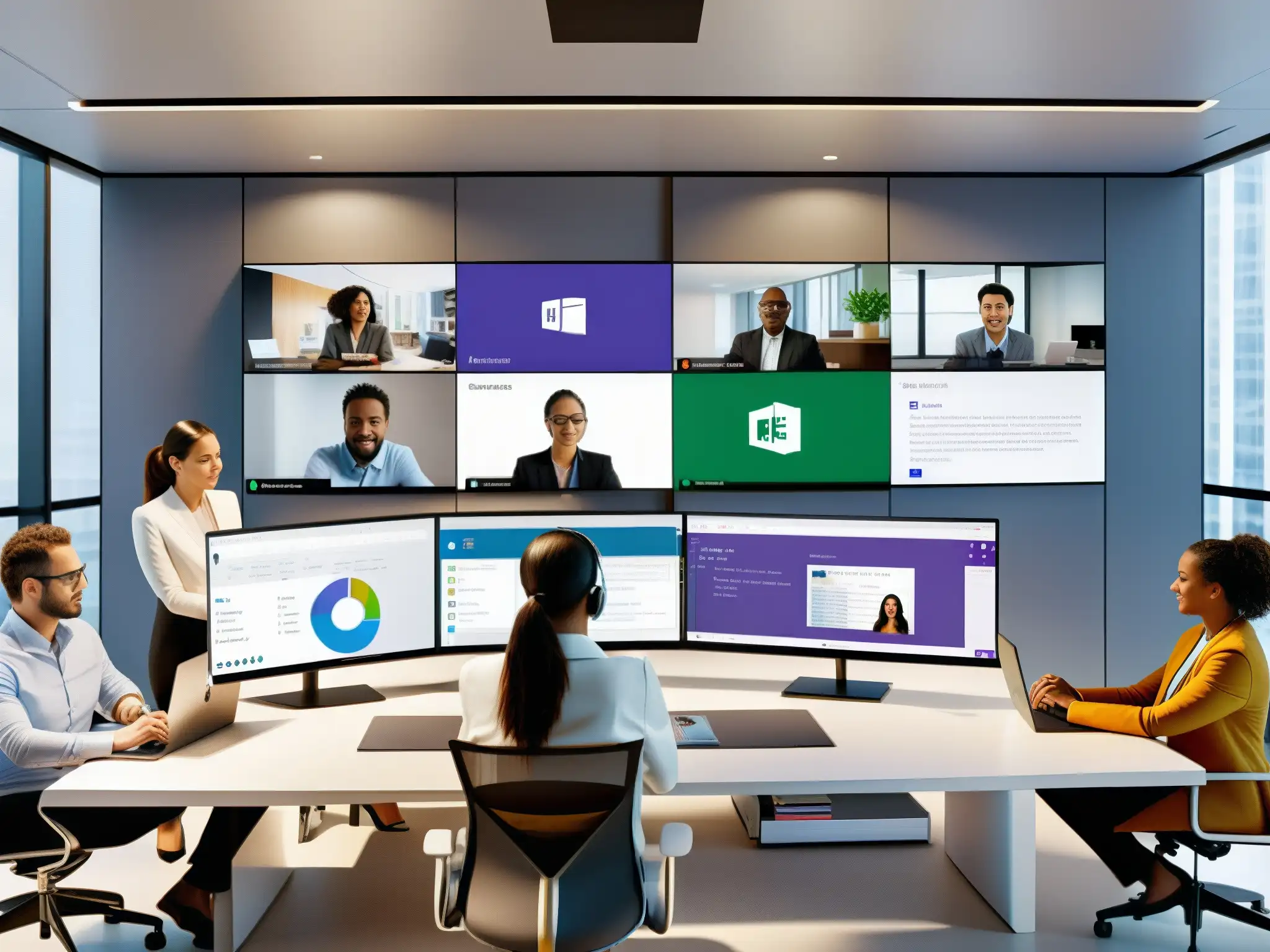 Oficina moderna con colaboración fluida en Microsoft Teams Integración de herramientas de oficina Microsoft Teams en moderna oficina 8k