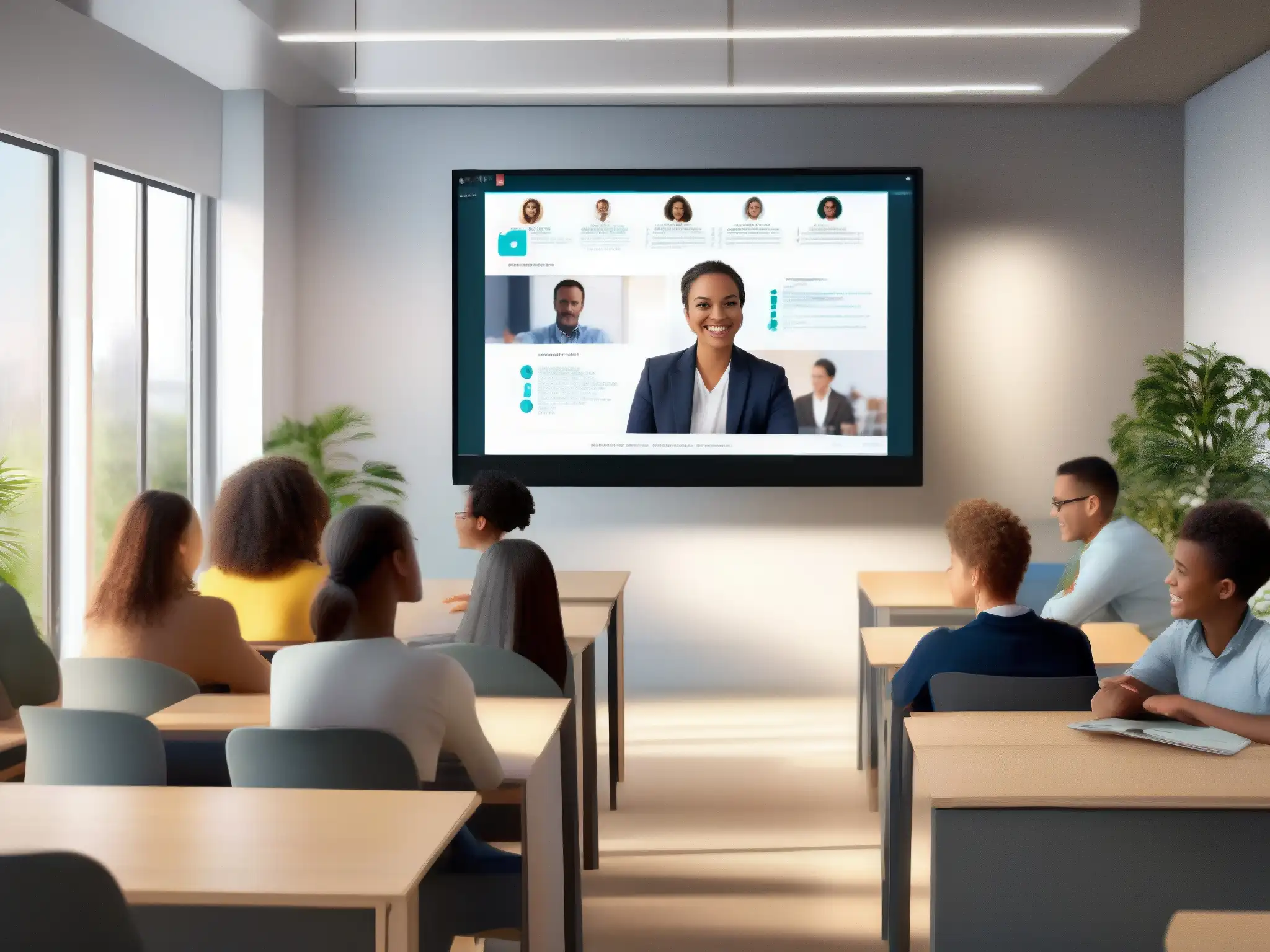 Aula moderna con videoconferencia y sistema de aprendizaje en línea Integración de herramientas de videoconferencia en un entorno educativo moderno para un aprendizaje eficaz