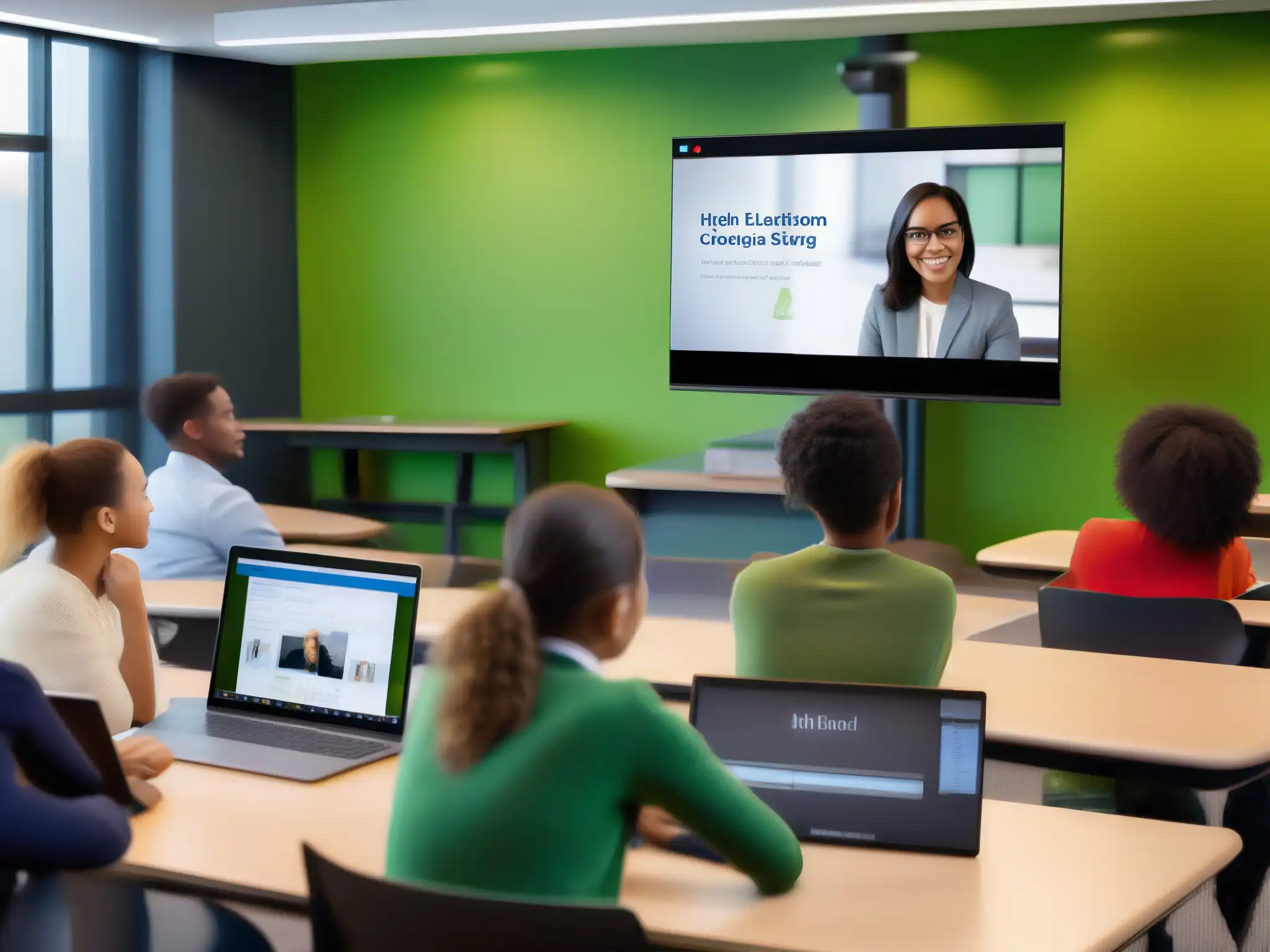 Aula moderna con integración tecnológica Integración de herramientas de videoconferencia y LMS para un aprendizaje eficaz en un aula moderna y dinámica, con estudiantes colaborando en actividades interactivas