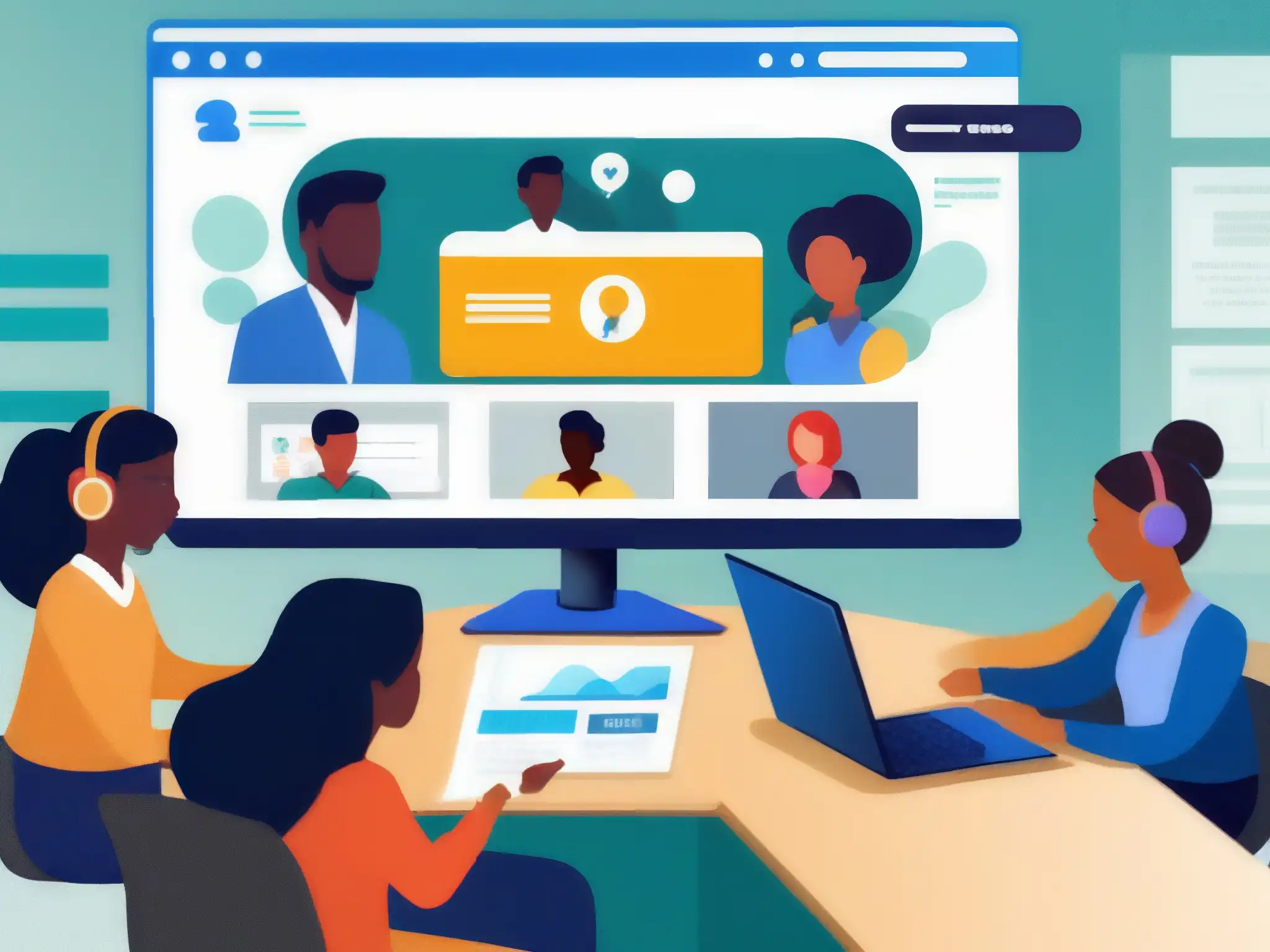 Aula virtual dinámica con BigBlueButton Integración de BigBlueButton en educación online: Imagen detallada de aula virtual dinámica y profesional con estudiantes participativos