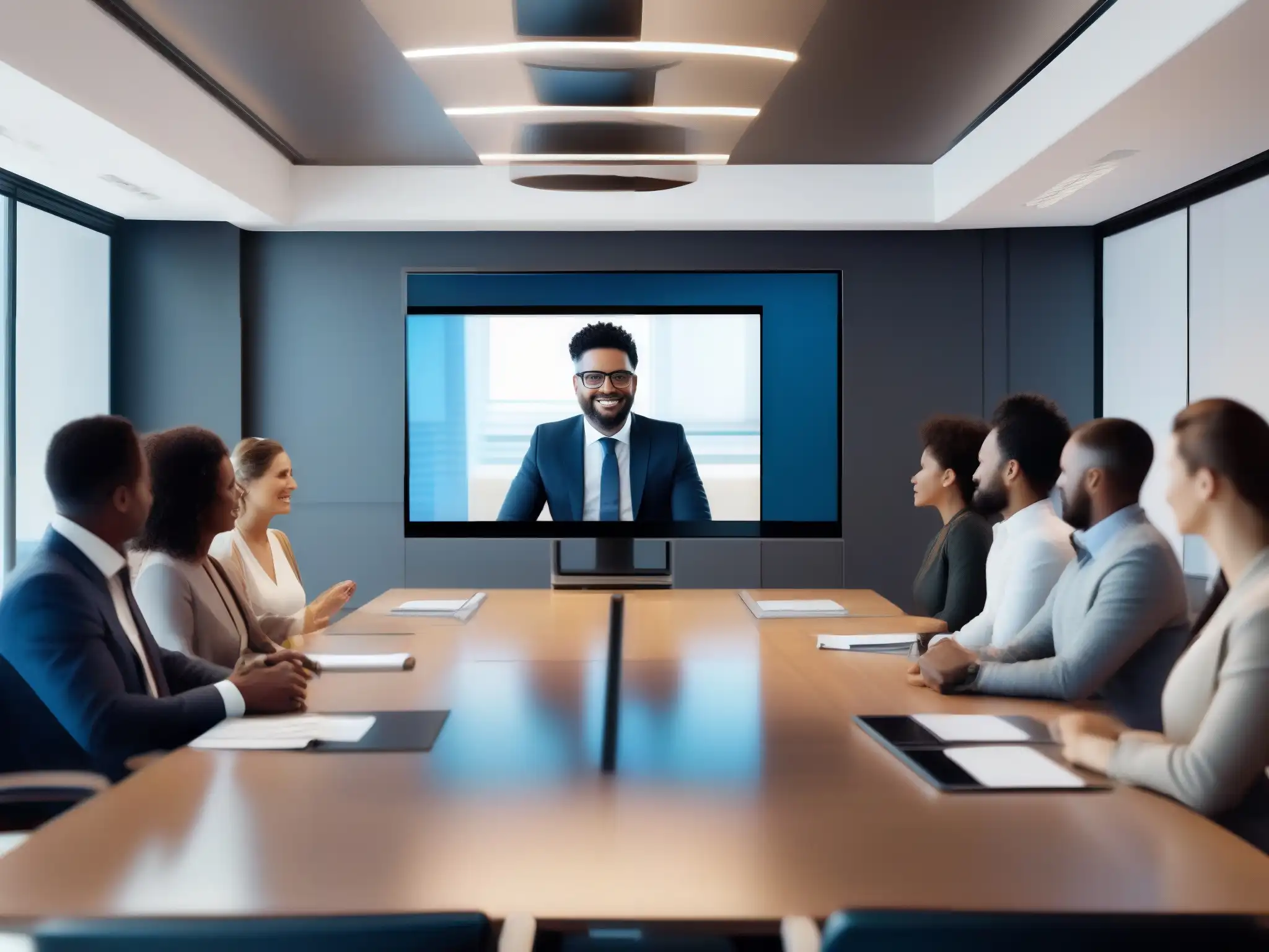 Interfaz de videoconferencia moderna con IA para reuniones productivas Integración de inteligencia artificial en videoconferencia con asistente virtual futurista, transcripción en tiempo real y feeds de video nítidos