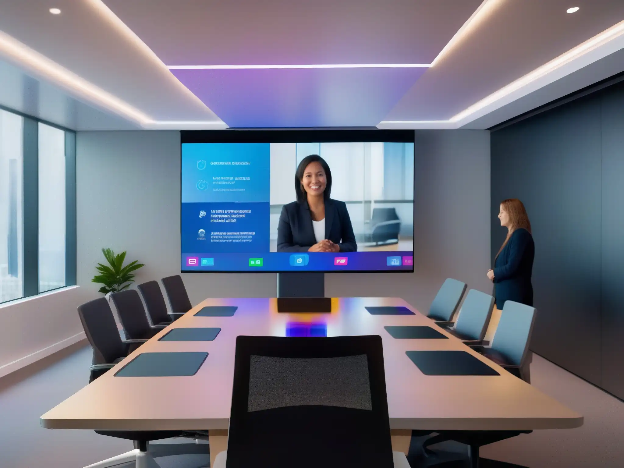 Videoconferencia futurista con traducción holográfica 'Integración de inteligencia artificial en videoconferencias: Sala futurista con tecnología holográfica para traducción en tiempo real, fomentando colaboración global