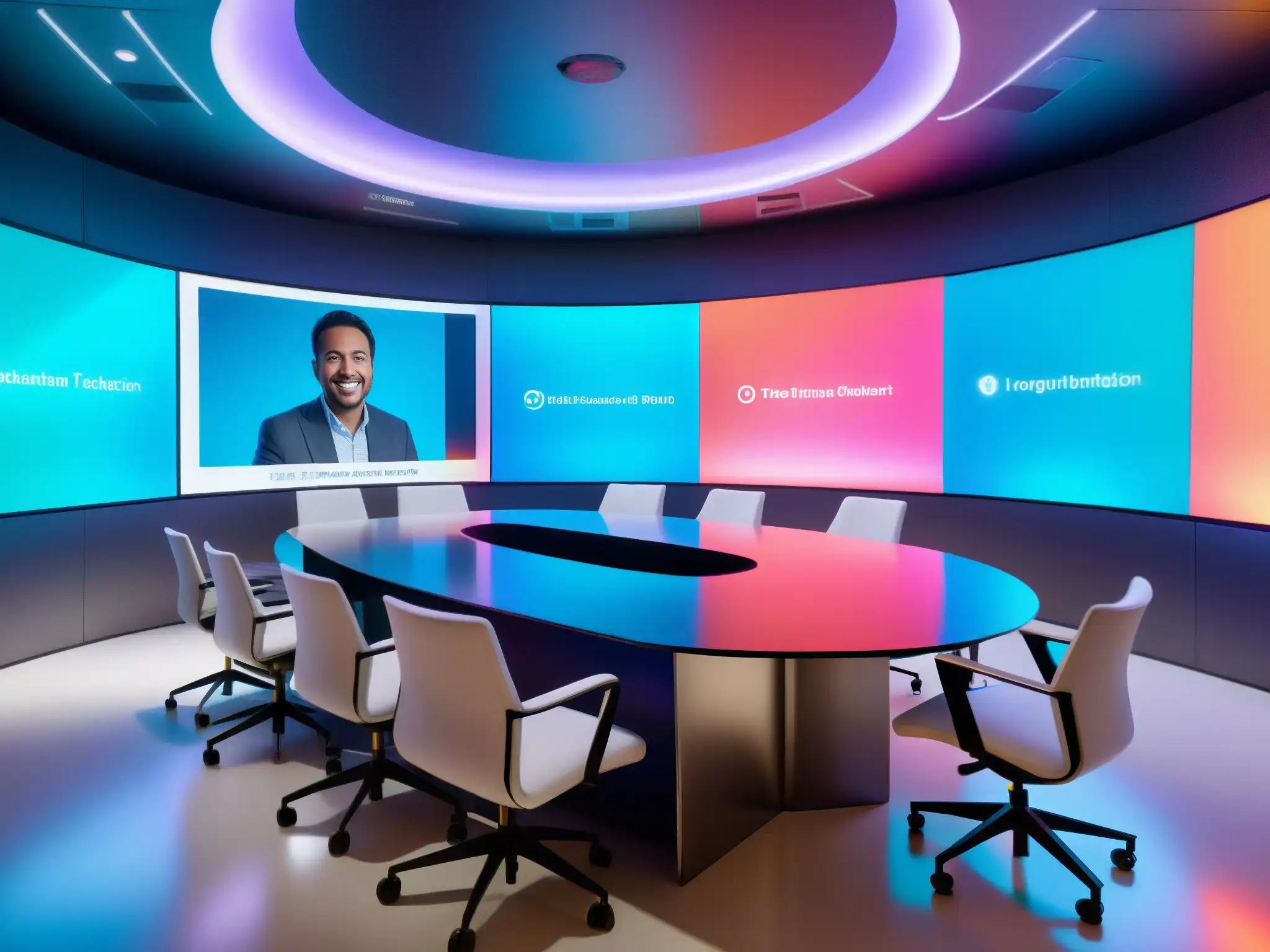 Sala de videoconferencias futurista con traducción en tiempo real Integración de inteligencia artificial en videoconferencias: Sala de videoconferencias futurista con tecnología de traducción en tiempo real y participantes diversos