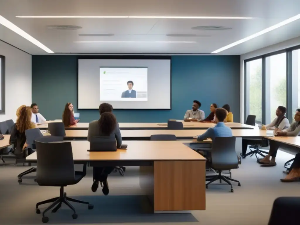 Integración perfecta de LMS y videoconferencia en aula moderna Integración LMS con videoconferencia profesionales: Estudiantes colaborando en aula moderna con pantalla gigante y luz natural