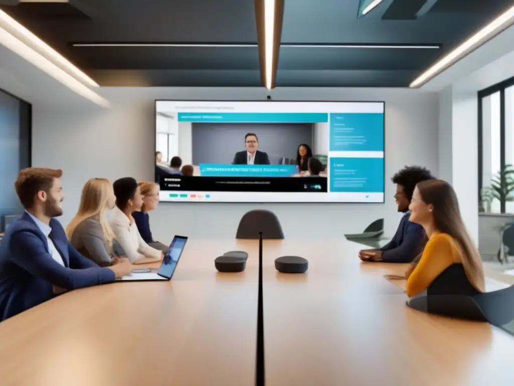 Moderna aula virtual con videoconferencia y LMS integrado Integración LMS en videoconferencia: Sala de clases virtual moderna con estudiantes participando en discusiones en torno a una pantalla interactiva