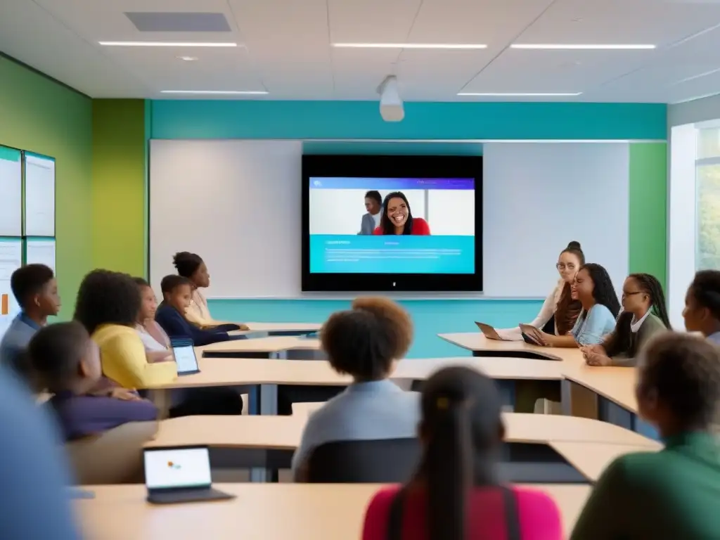 Clase moderna con Webex: interacción vibrante entre estudiantes y maestros Integración de Webex en Educación: Estudiantes y maestros participan en una dinámica clase virtual, con Webex como herramienta central