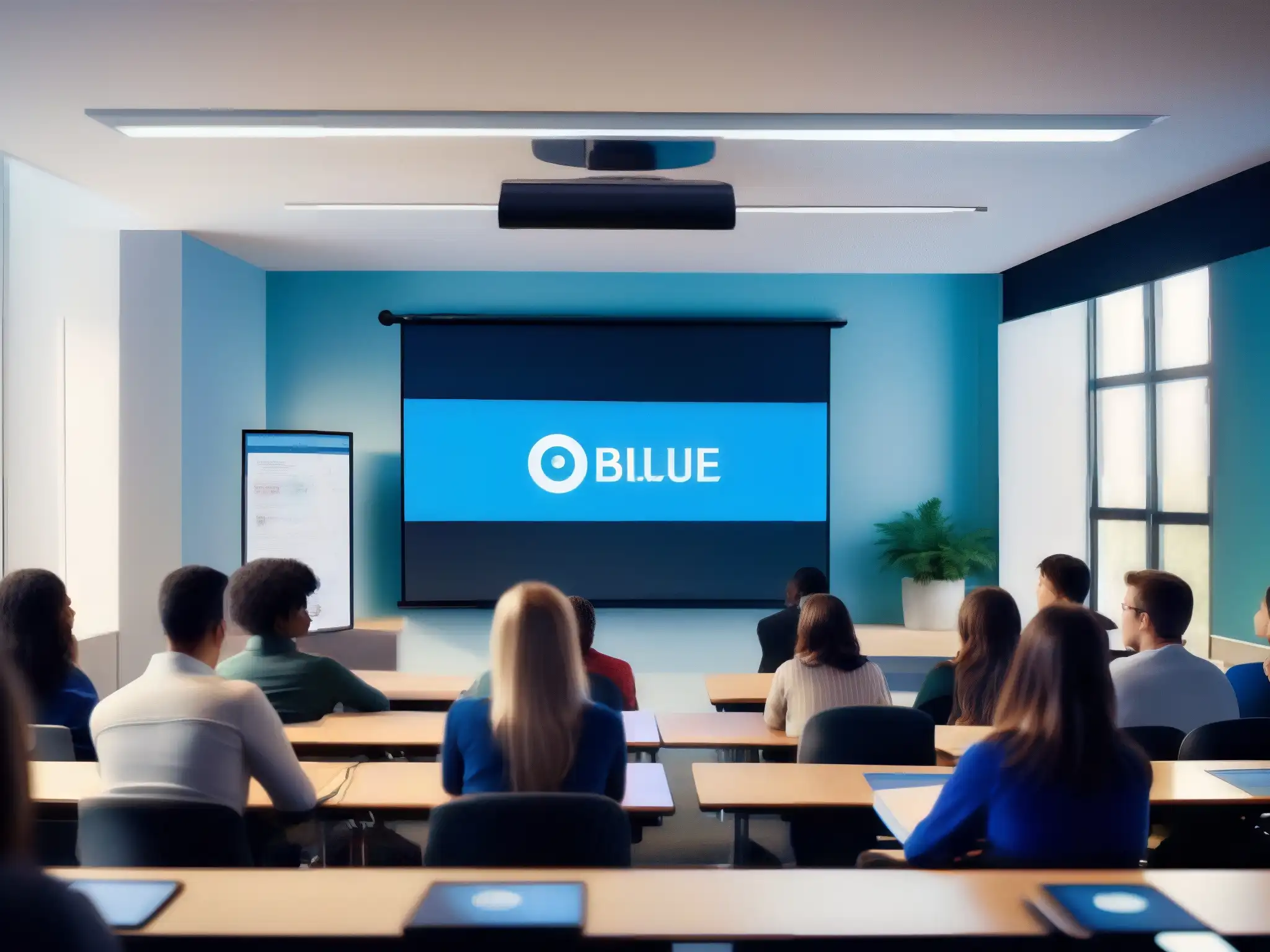 Clase moderna con BigBlueButton: Educación online eficaz Integración de BigBlueButton en educación online: Aula moderna con pantalla grande y estudiantes participativos