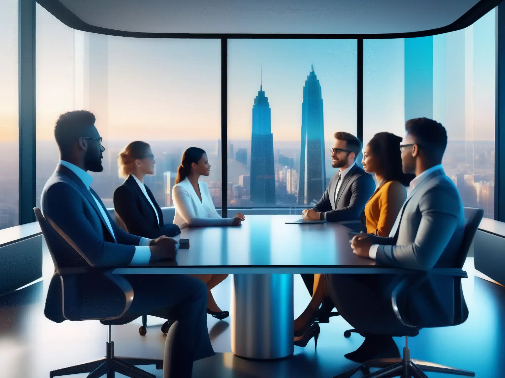 Integración virtual: Colaboración profesional en equipo Integración de nuevos miembros equipo: Profesionales colaborando en una moderna videoconferencia con vista a la ciudad