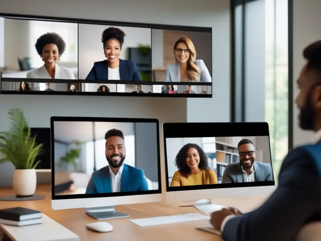 Videoconferencia de empleados remotos comprometidos Integración de nuevos miembros equipo en videoconferencia desde casa