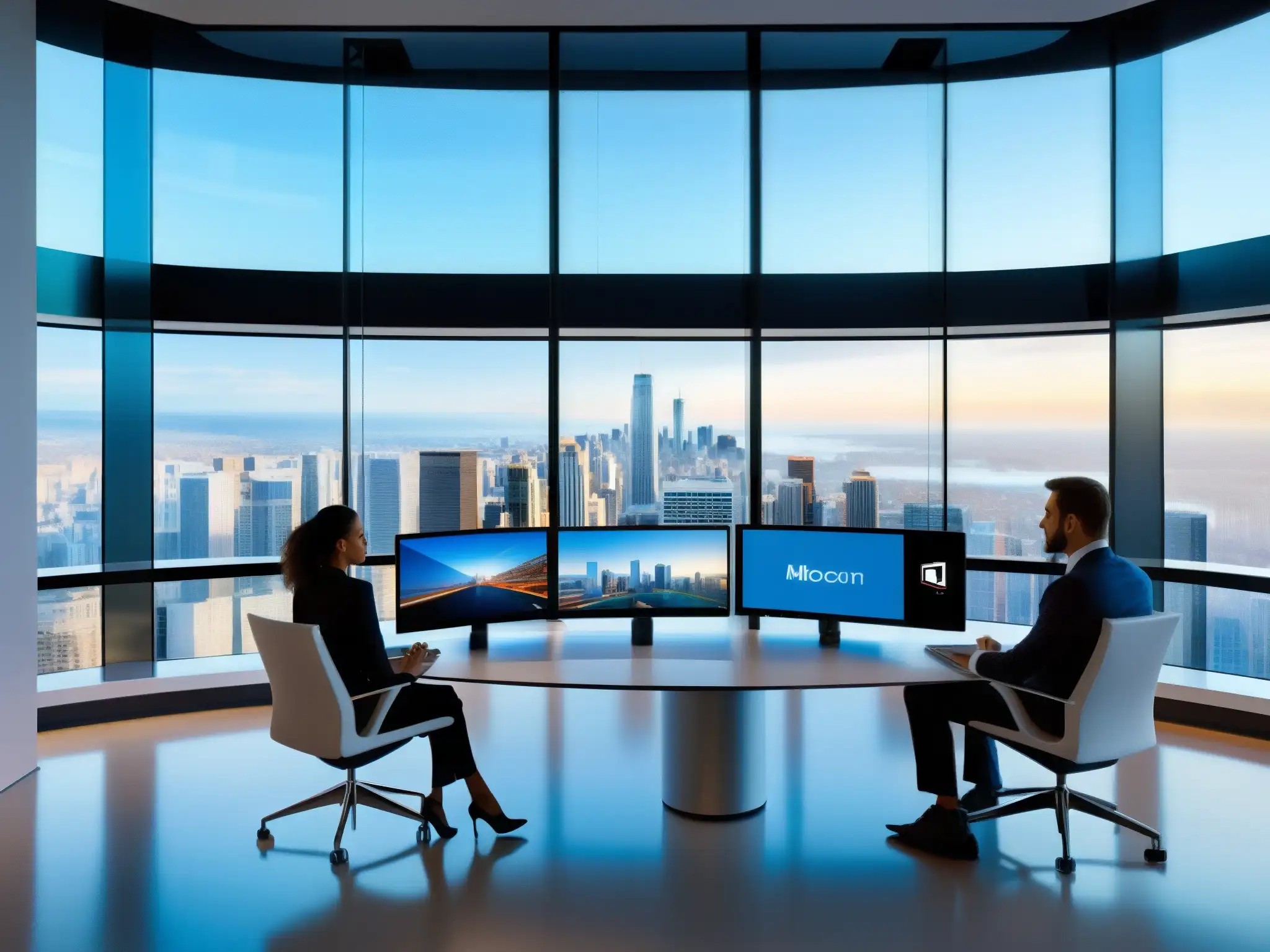 Oficina futurista con Microsoft Teams y Dynamics 365 Integración de Microsoft Teams y Dynamics 365 en una oficina futurista con vista a la ciudad, colaboración profesional y ambiente inspirador