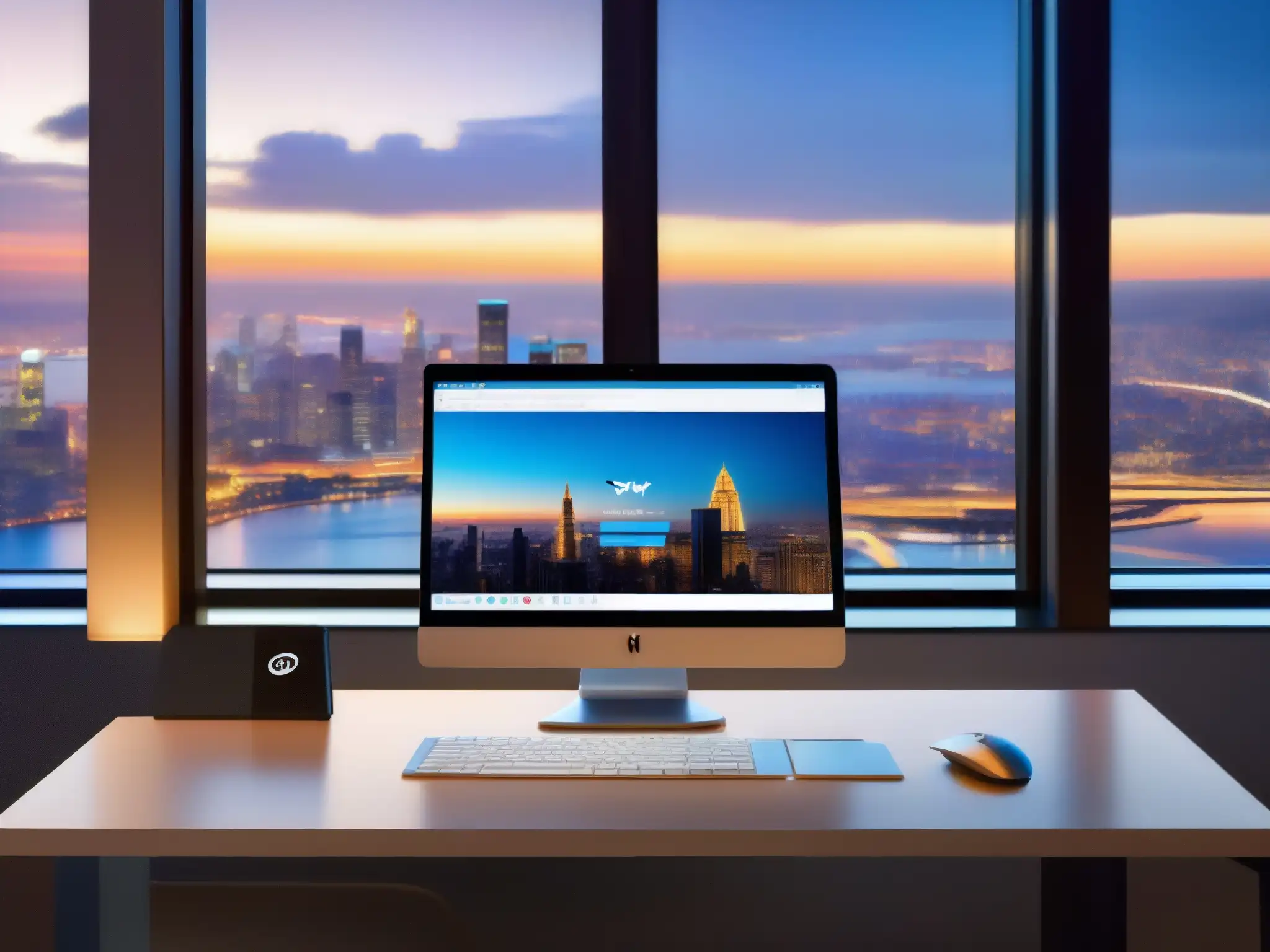 Oficina moderna con integración perfecta entre Skype for Business y CRM Integración Skype for Business con CRM: Oficina moderna con skyline urbano al atardecer y tecnología eficiente en el escritorio