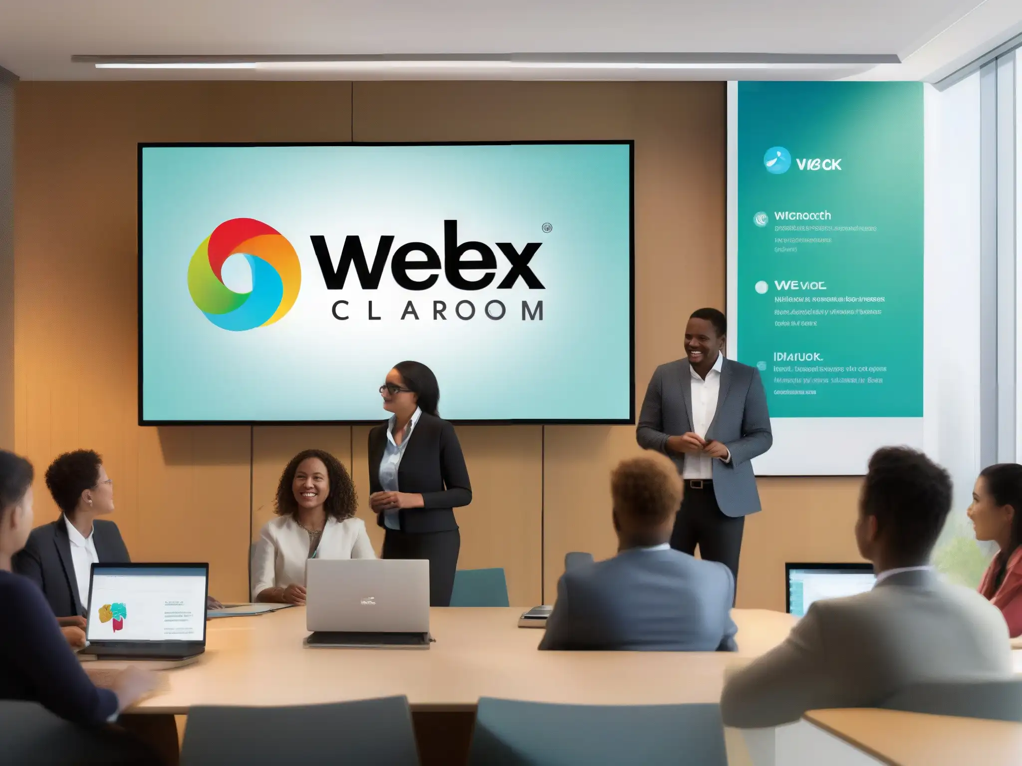 Clase virtual dinámica con Webex: vibrante interacción estudiantil Integración de Webex en formación profesional: Aula virtual con animada discusión y contenido educativo interactivo, destacando el logo de Webex