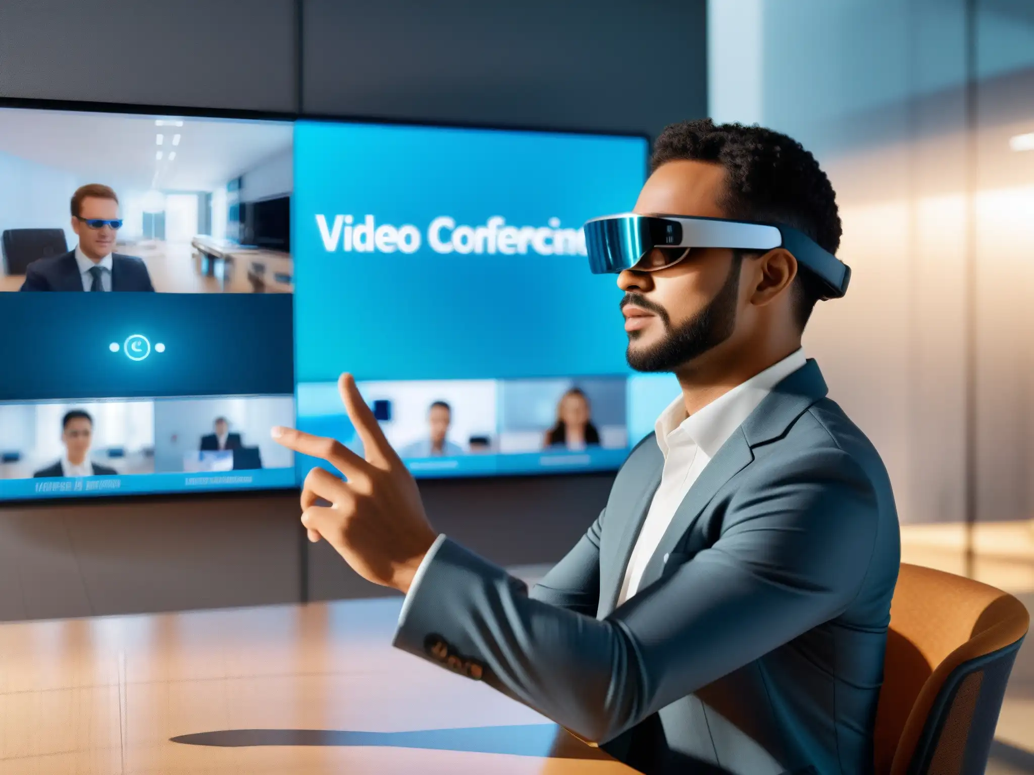Videoconferencia con Realidad Aumentada Integración de realidad aumentada en videoconferencias: Persona con gafas AR en sala virtual futurista, interactuando con hologramas