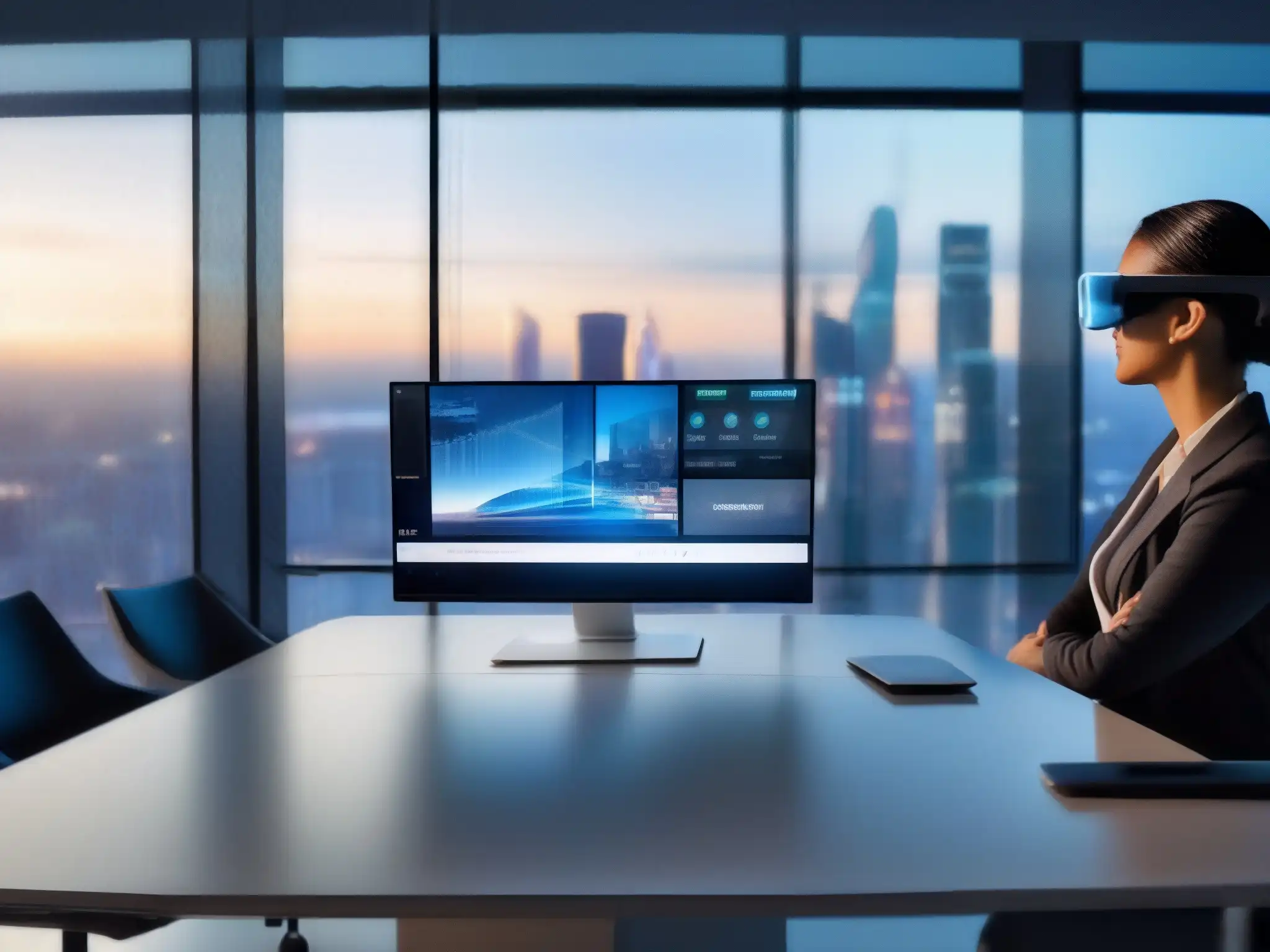 Videoconferencia con Realidad Aumentada: Futuro Profesional Integración de realidad aumentada en videoconferencias profesionales, entorno moderno y futurista con tecnología de vanguardia