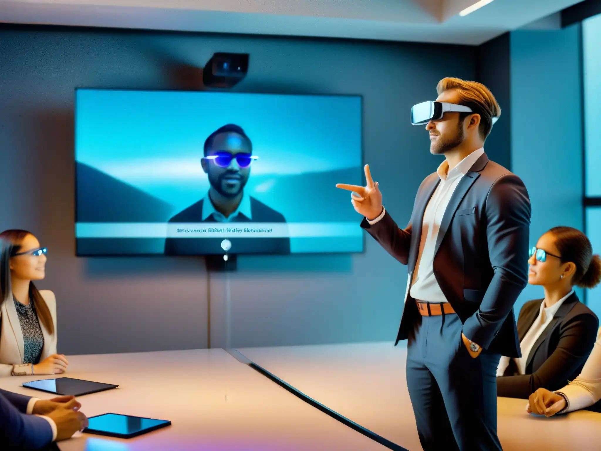 Presentación en Realidad Aumentada: Impacto Profesional Integración de realidad aumentada en videoconferencias: Presentación profesional en sala virtual con elementos AR futuristas y público interactivo