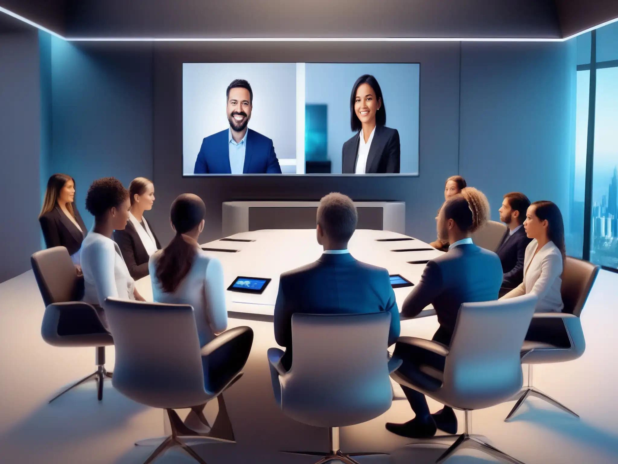 Reunión virtual de profesionales con IA y tecnología de vanguardia Integración de IA en reuniones virtuales con tecnología de vanguardia y ambiente futurista