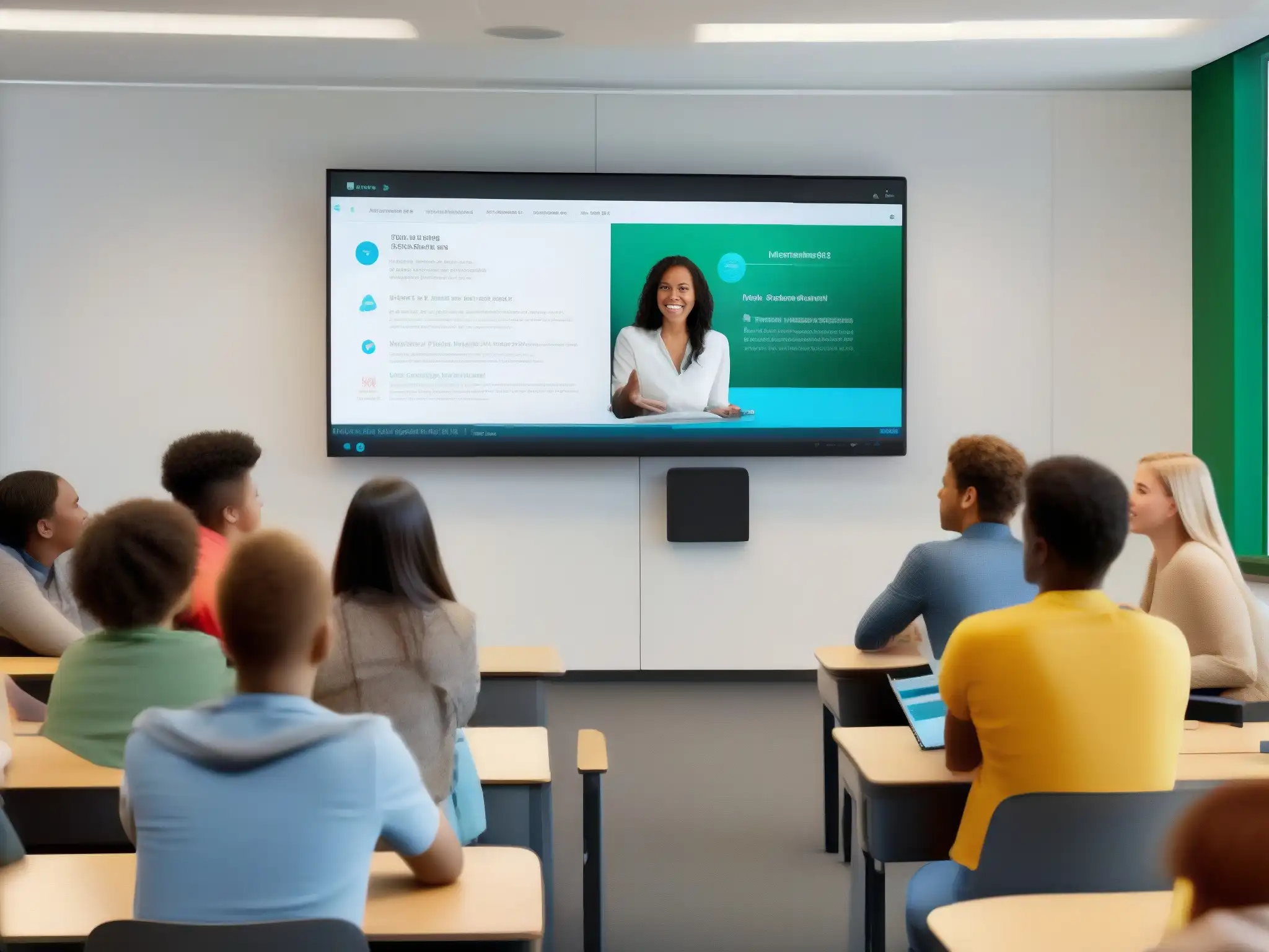 Clase interactiva con Webex: estudiantes participando activamente Integración de Webex en Educación: Vibrante aula moderna con alumnos participando activamente en discusiones y usando tecnología para interactuar