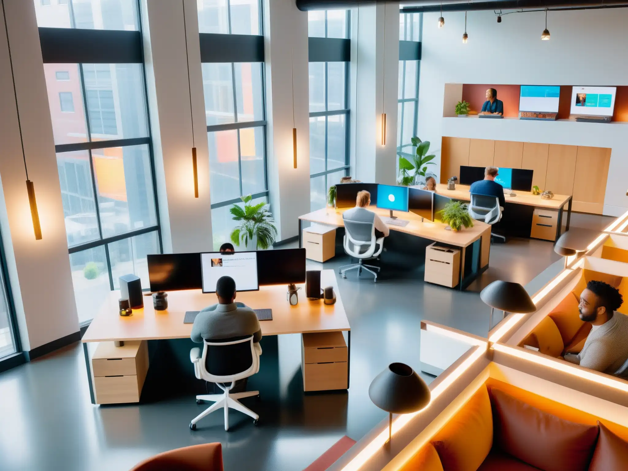 Espacio de coworking dinámico y colaborativo con luz natural Integración de videoconferencia en Slack: Coworking dinámico con profesionales colaborando en un espacio luminoso y moderno