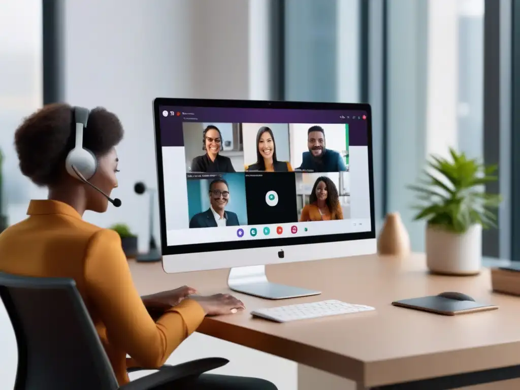 Oficina minimalista con videoconferencia productiva en Slack Integración de Slack con Videoconferencia: Oficina moderna con videoconferencia profesional en pantalla de ordenador