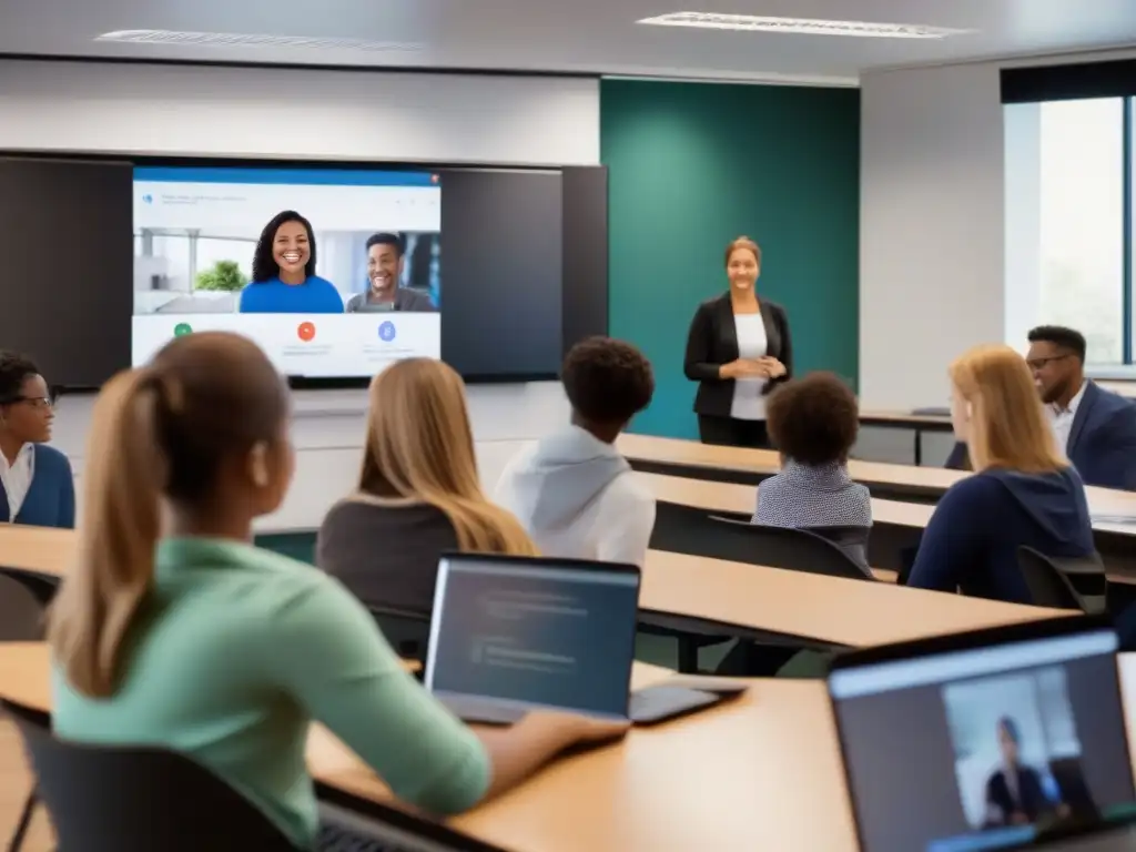 Aula moderna con videoconferencia interactiva Integración de videoconferencias y LMS en educación online: aula moderna con interacción dinámica y profesor en pantalla grande