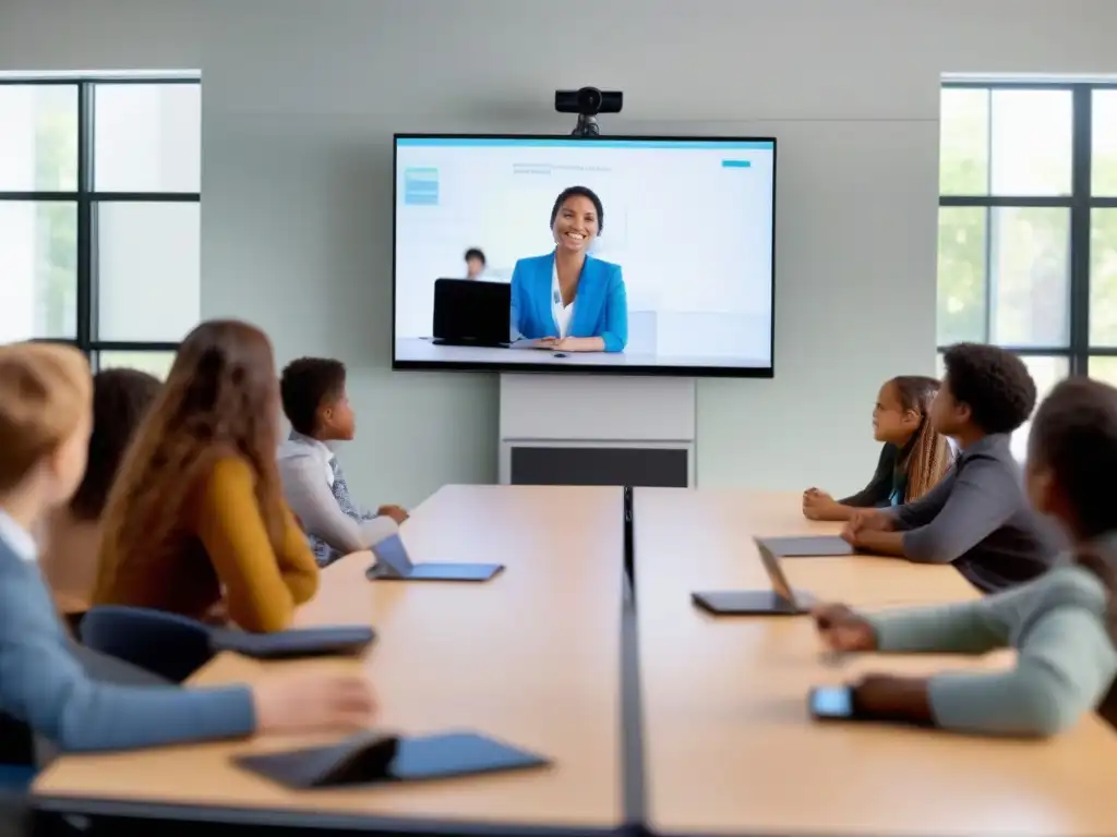 Aula moderna: maestro y estudiantes conectados Integración de videoconferencias en plataformas educativas: Profesor interactuando con estudiantes en aula moderna y tecnológica