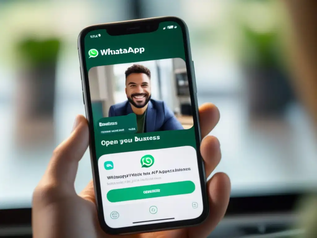 Integración perfecta: WhatsApp Business en videoconferencias Integración de WhatsApp Business en videoconferencias profesionales y educativas, con un entorno moderno y profesional en la pantalla del smartphone