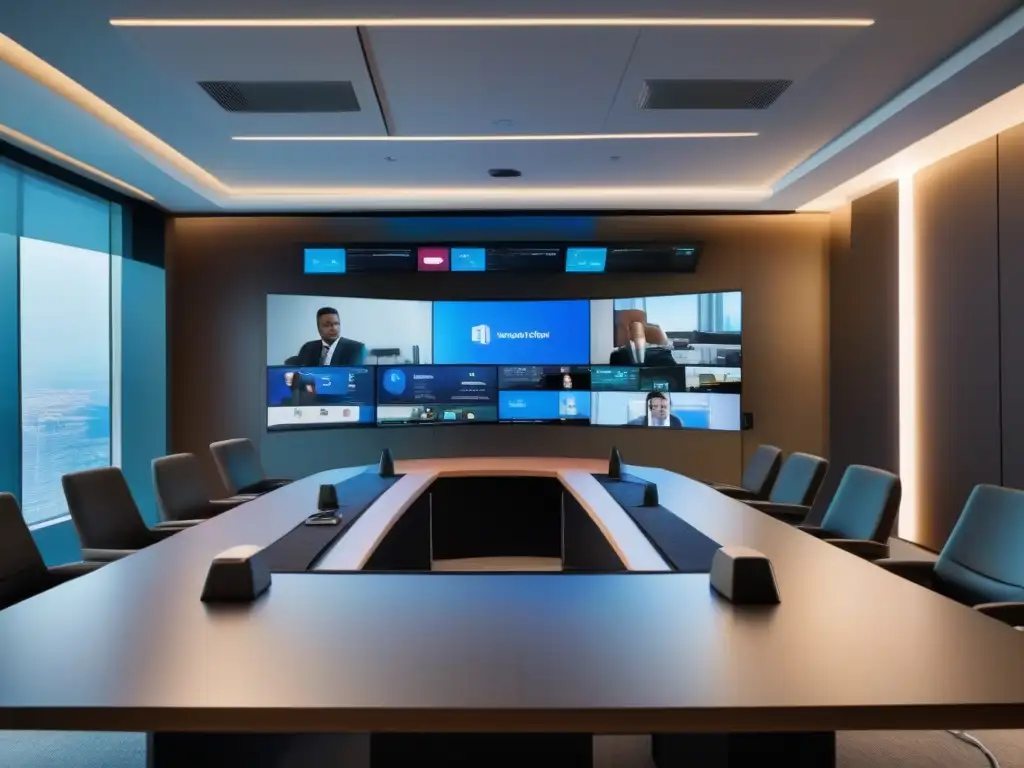 Entorno de videoconferencia segura y sofisticada con protección cibernética Integraciones esenciales ciberseguridad videoconferencias: moderno setup de videoconferencia con seguridad y sofisticación tecnológica