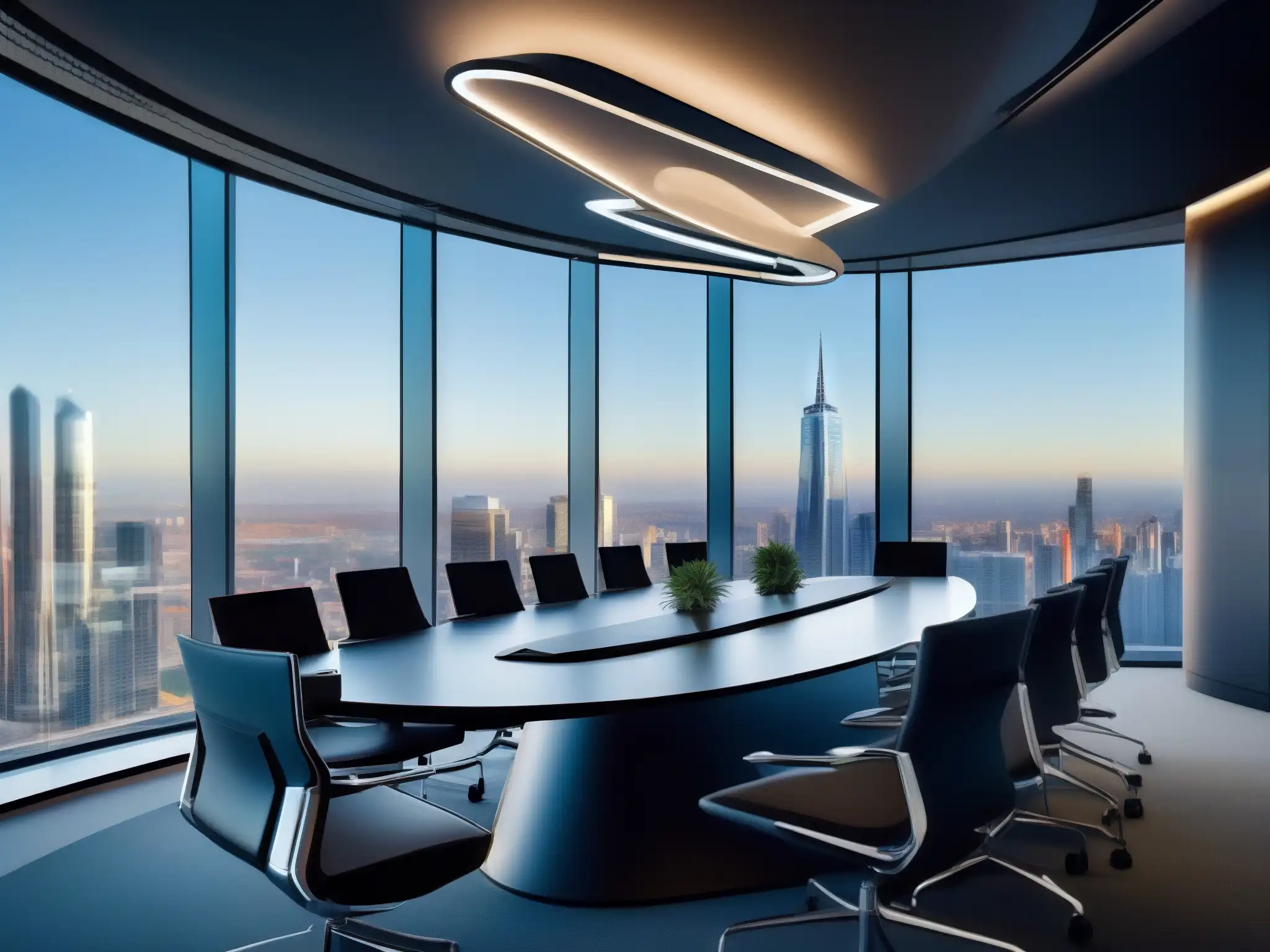 “Sala de conferencias futurista y profesional con tecnología de vanguardia” Integraciones para videoconferencia empresarial en sala de reuniones futurista con tecnología de vanguardia y profesionales colaborando virtualmente