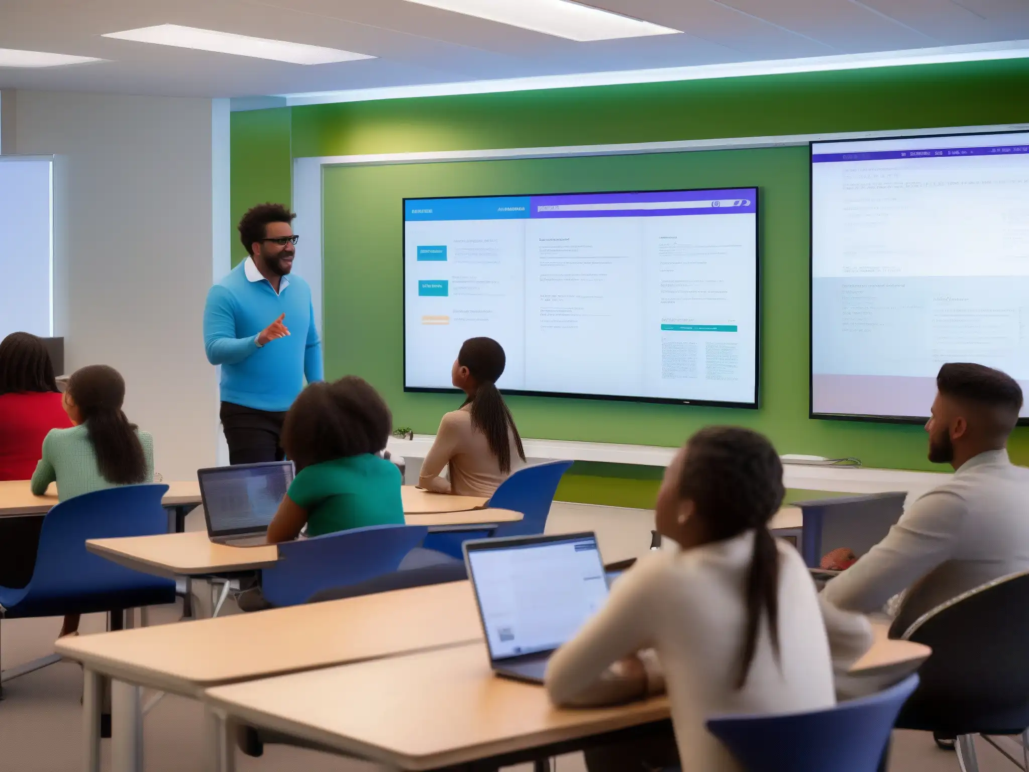 Aula virtual dinámica con diversidad estudiantil Integraciones de videoconferencia sector educativo: Maestro y estudiantes participando en una clase virtual dinámica y moderna