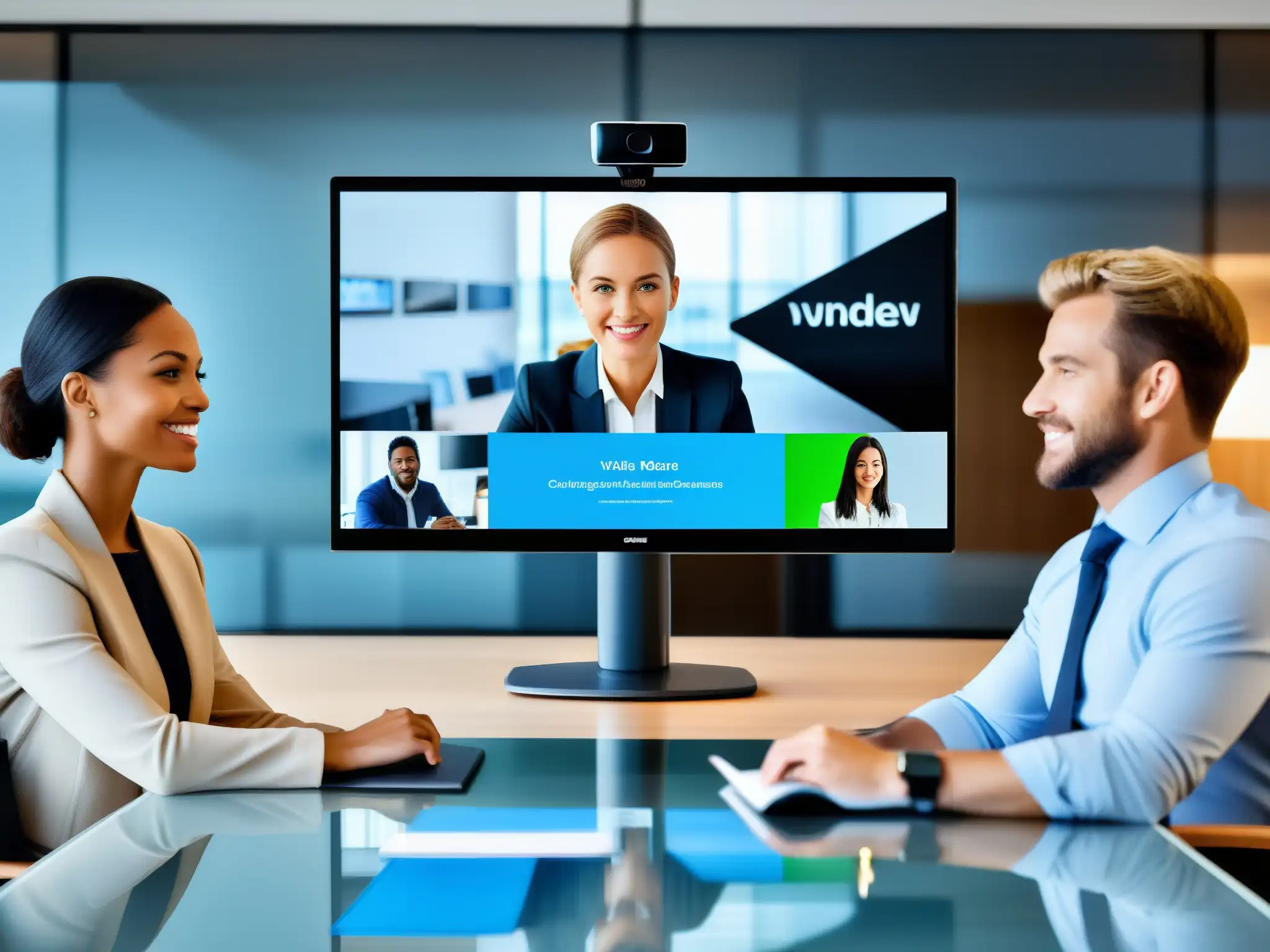 Interfaz de videoconferencia profesional con calidad de imagen nítida Integraciones videoconferencia soporte técnico remoto: Interfaz moderna de videoconferencia en monitor HD, oficina minimalista, comunicación eficiente