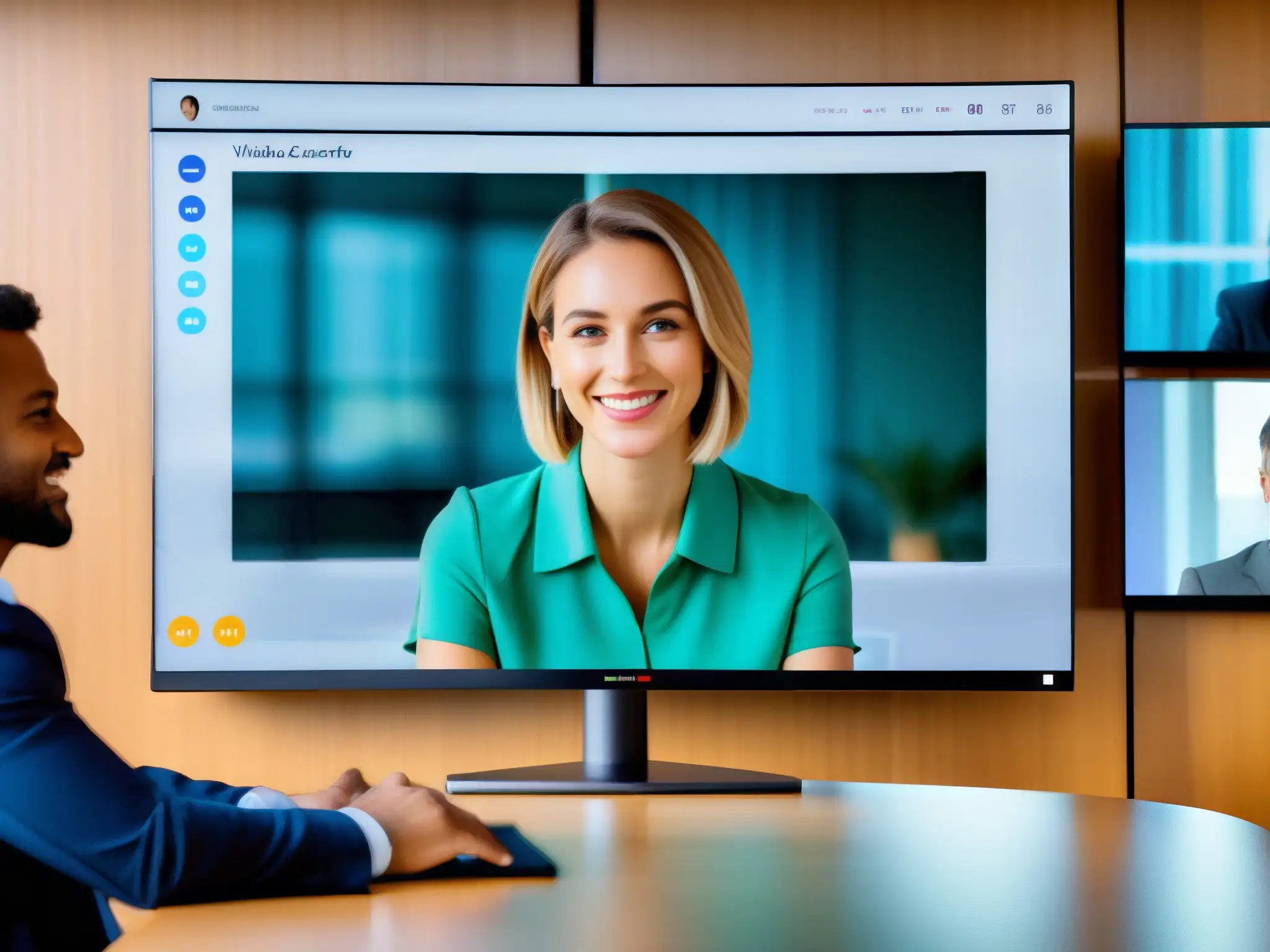 Moderación de contenido en videoconferencia con IA en acción Inteligencia artificial moderando contenido en videoconferencias profesionales con interfaz moderna y herramientas de moderación en tiempo real