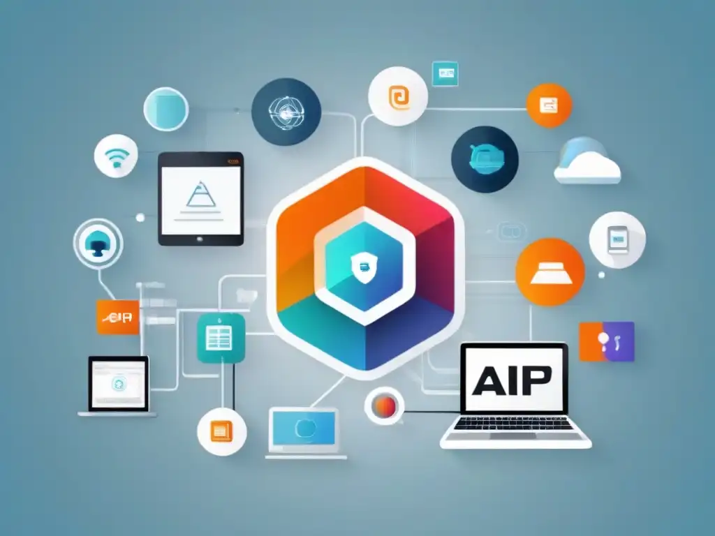 Red de dispositivos interconectados: API y transferencia de datos Interconexión de dispositivos: smartphones, tablets, laptops y desktops, mostrando la interoperabilidad API de forma moderna y profesional