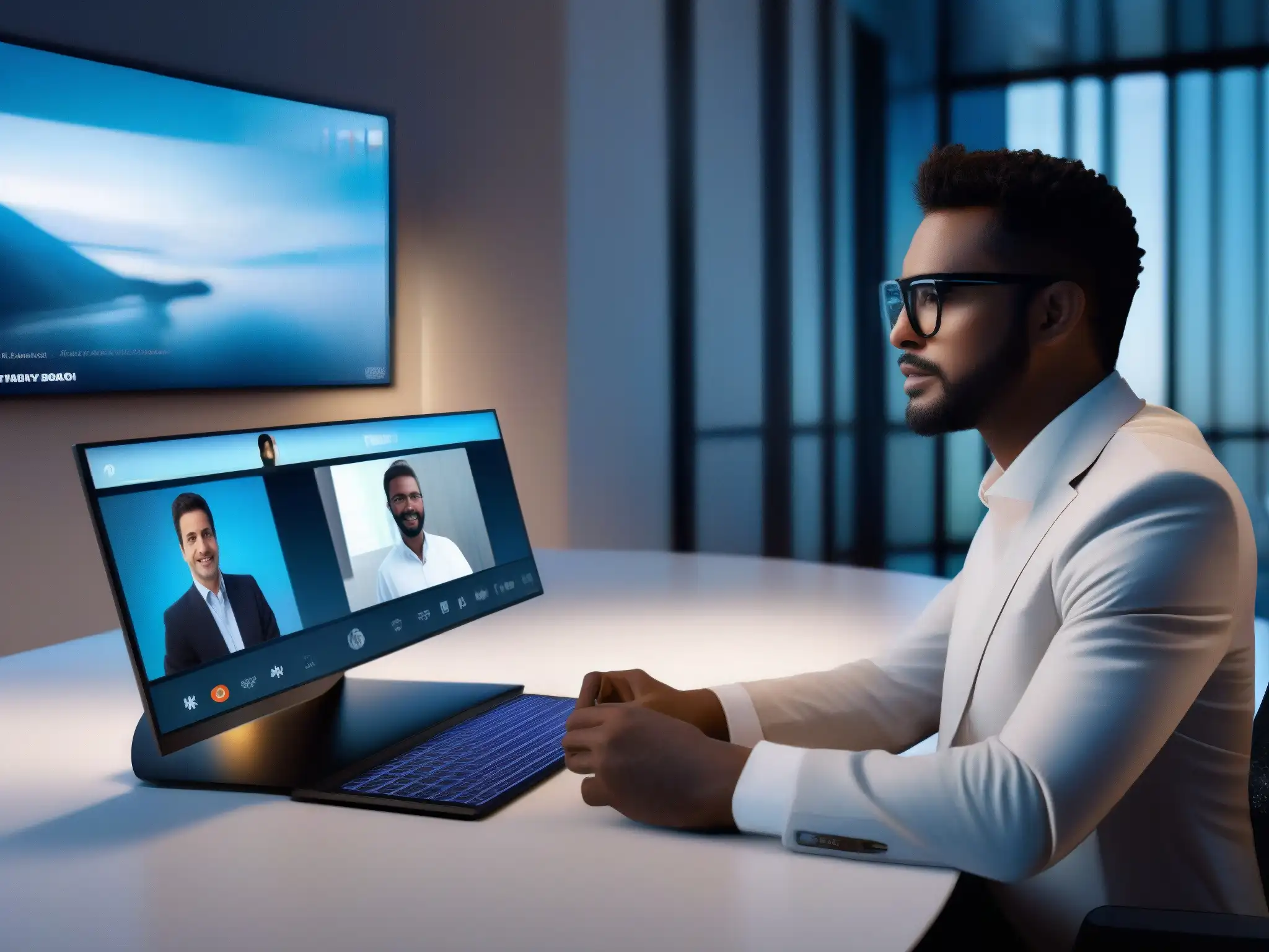 Interfaz futurista para videoconferencias personalizadas Interface futurista de videoconferencia con opciones de diseño personalizables, alta resolución y herramientas interactivas