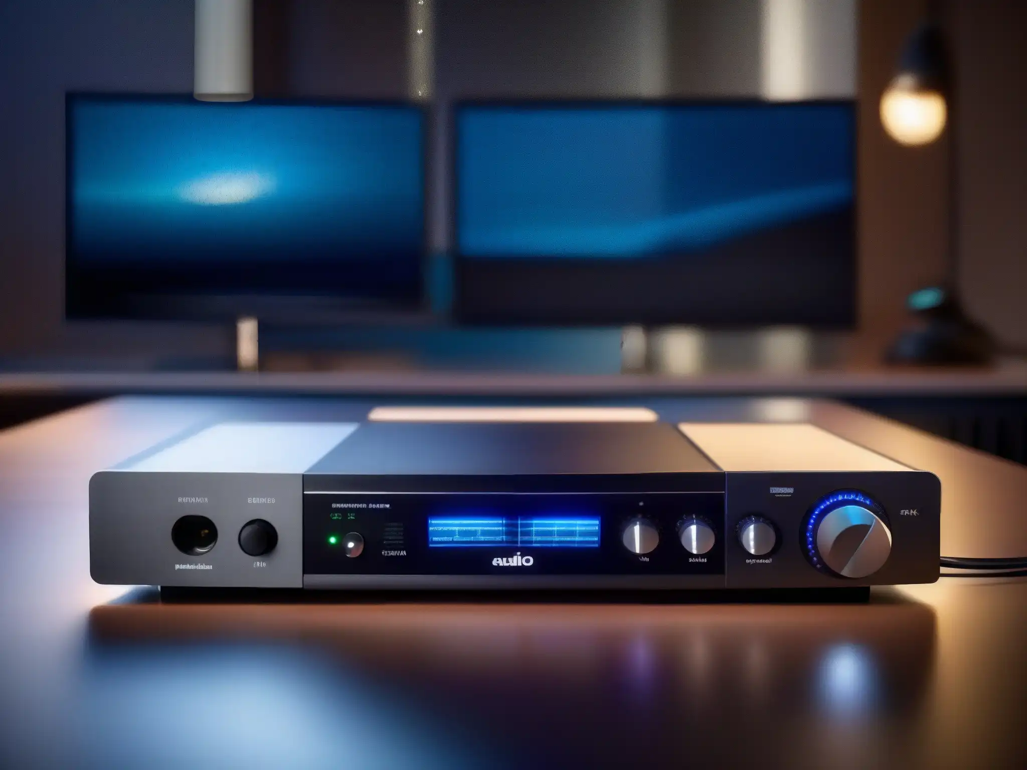 Interfaces de audio profesionales: precisión y elegancia Tres interfaces de audio de alta fidelidad en un elegante escritorio, iluminados con detalle
