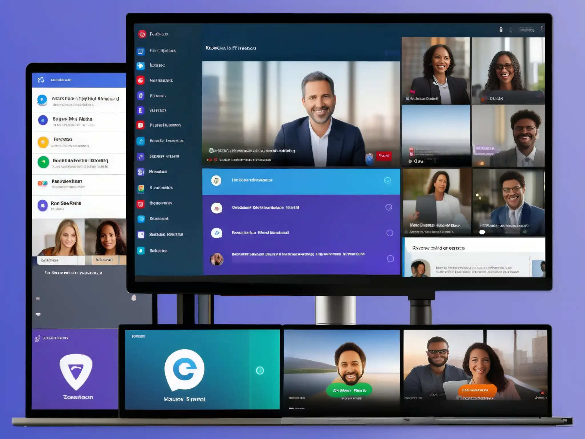 Comparación detallada: Zoom, Microsoft Teams, Google Meet Comparación de interfaces de videoconferencia de Zoom, Microsoft Teams y Google Meet, destacando usabilidad para profesionales y educación