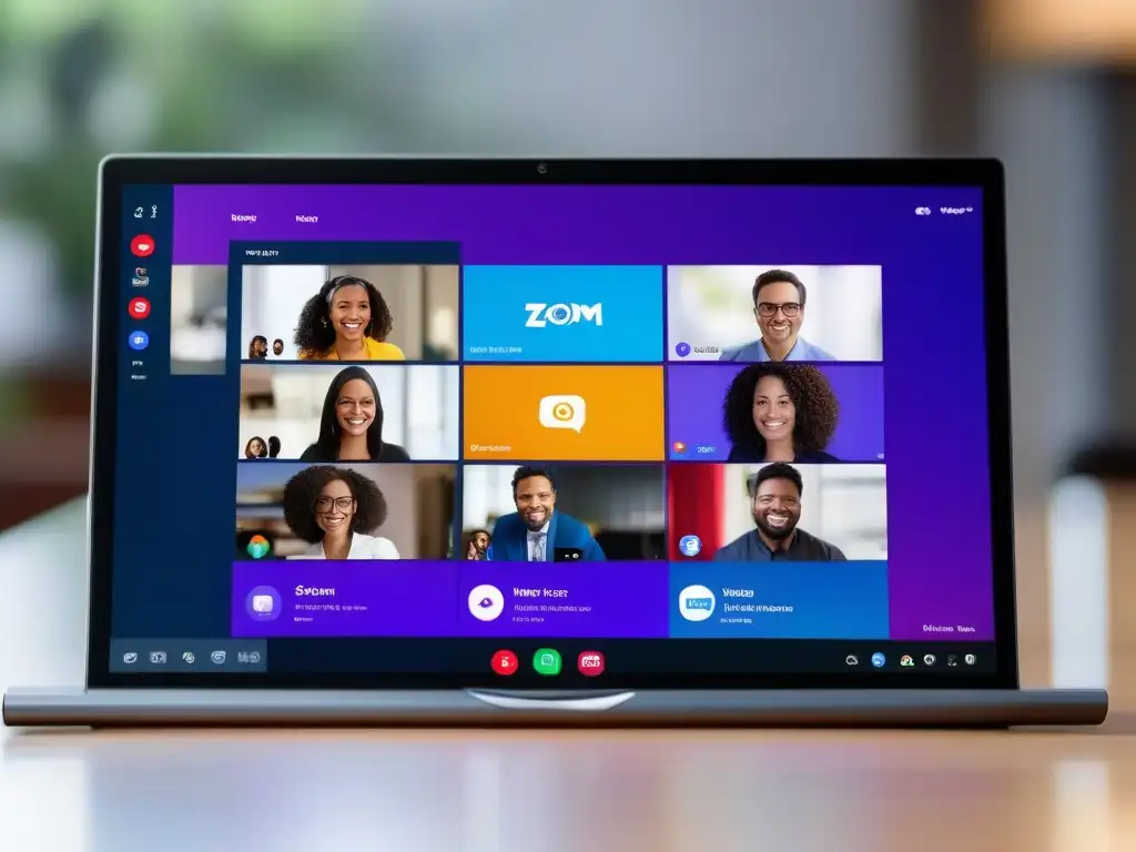 Comparación interfaces videoconferencia: Zoom, Teams, Meet, Skype Comparación de interfaces de videoconferencia como Zoom y Microsoft Teams en dispositivos modernos, resaltando iconos intuitivos en videoconferencia