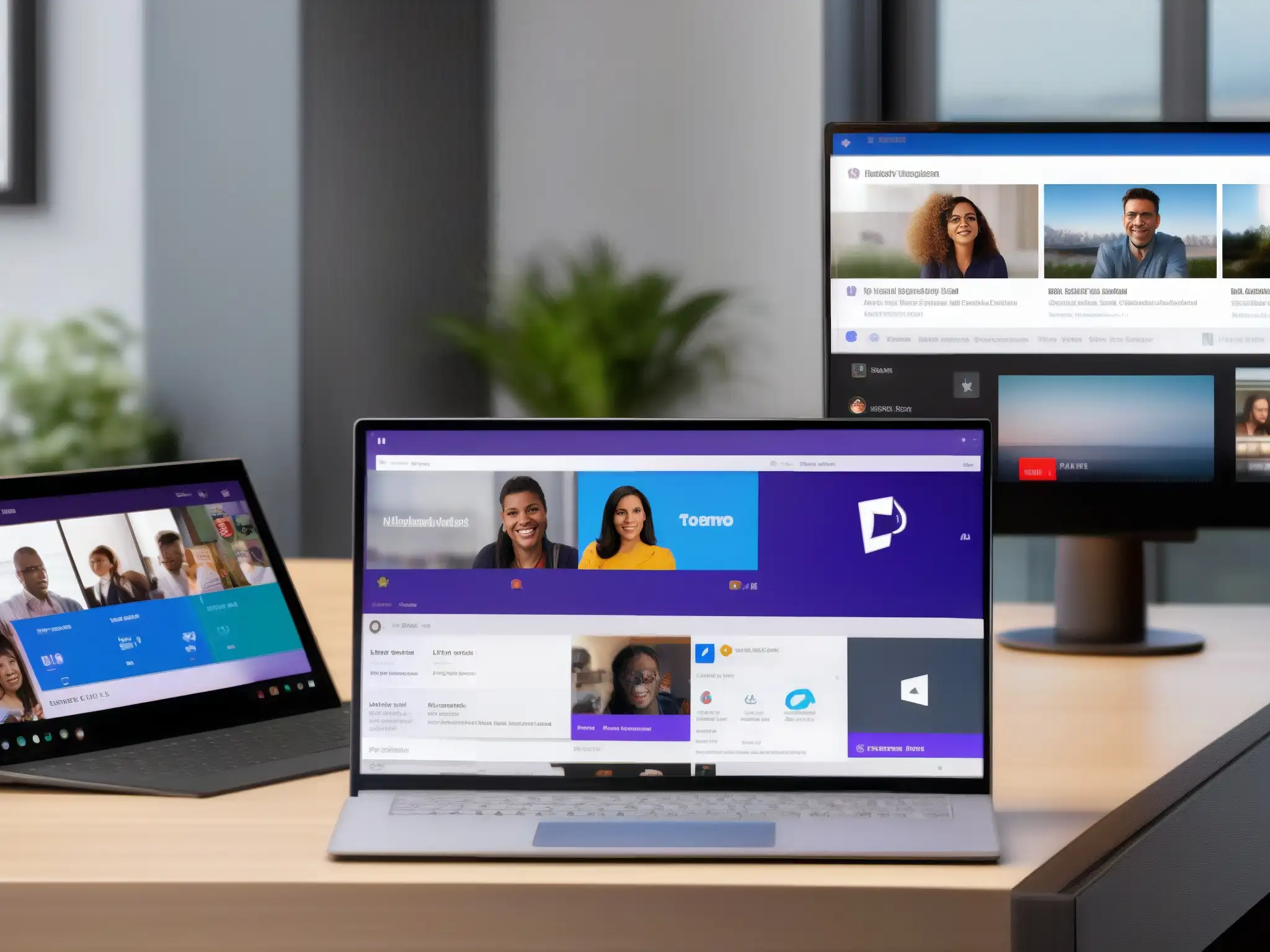 Comparación Microsoft Teams vs Comparación de interfaces de Microsoft Teams y Zoom en videoconferencia en múltiples dispositivos, destacando rendimiento y diseño moderno