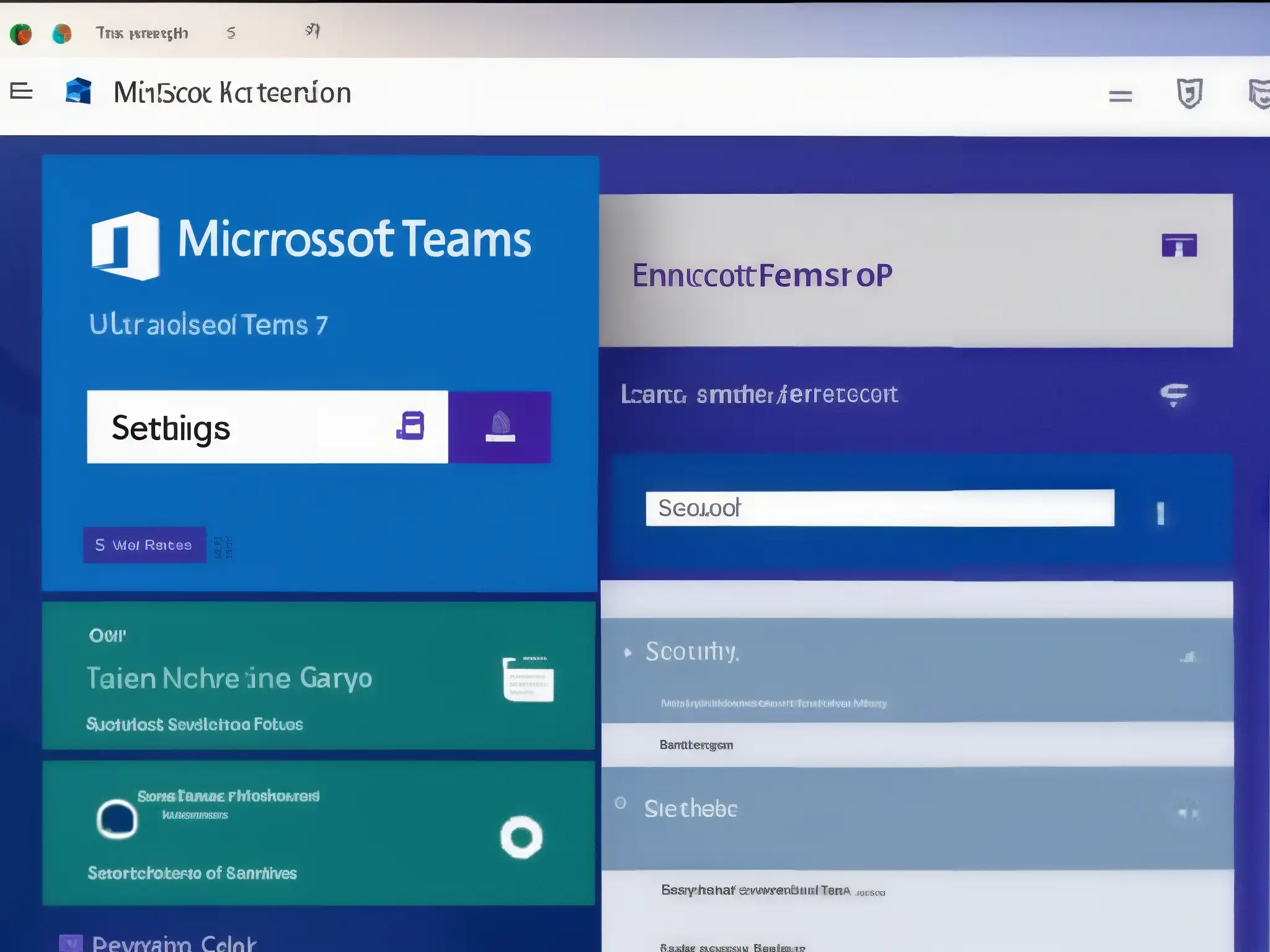Configuración de seguridad de Microsoft Teams: detallada y moderna Interfaz de Microsoft Teams con ajustes de encriptación y seguridad destacados, en tonos profesionales de azul y gris