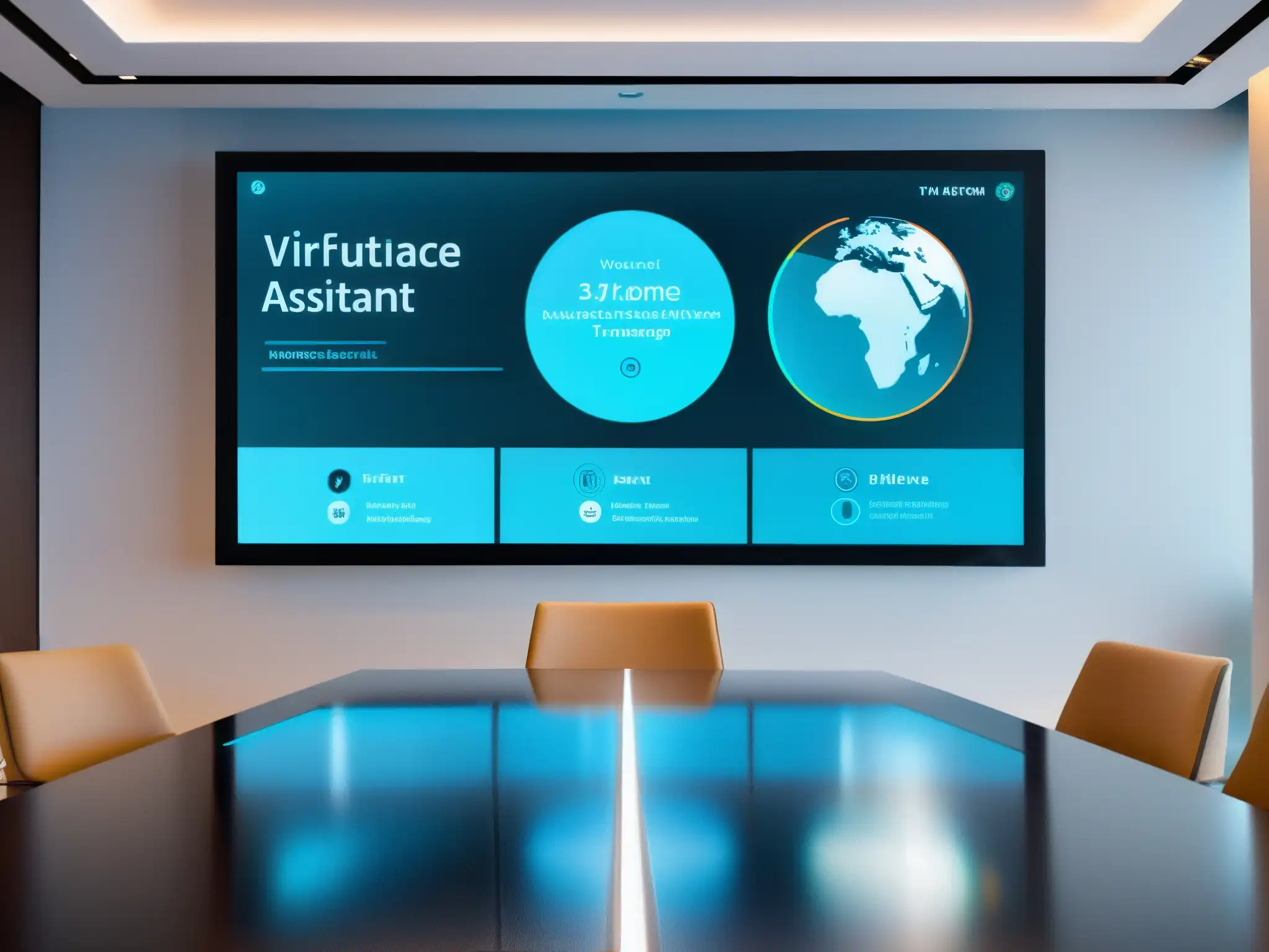 Interfaz futurista de asistente virtual para reuniones profesionales Interfaz de asistente virtual futurista en videoconferencia profesional, con traducción de idiomas en tiempo real y capacidades de análisis de datos