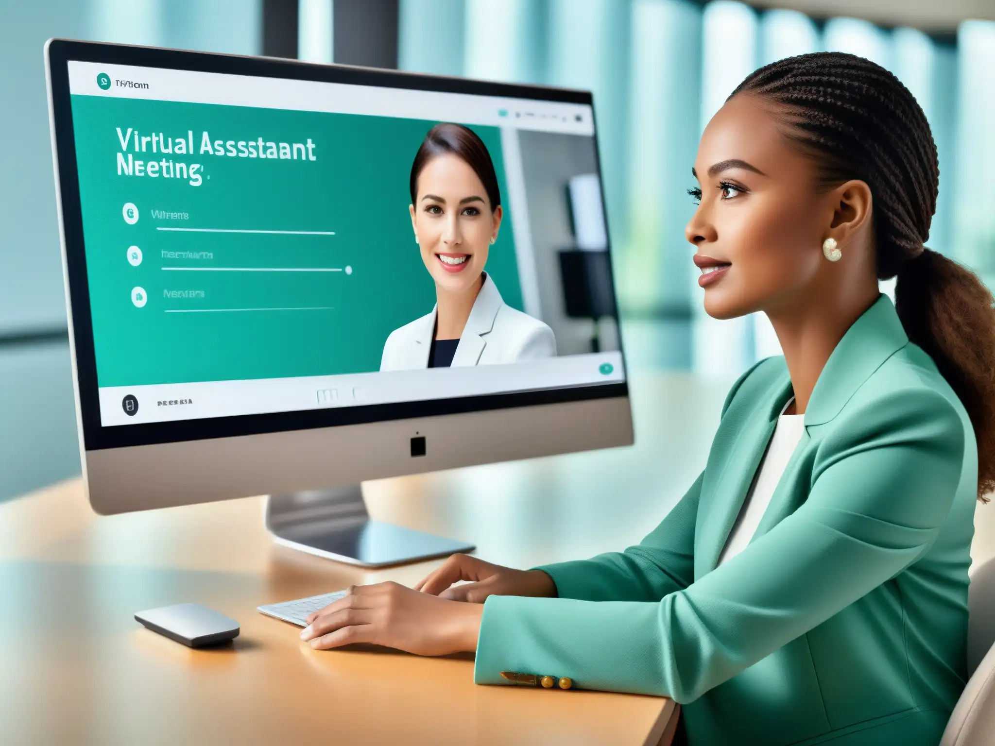 Interfaz de asistente virtual para reuniones profesionales Interfaz de asistente virtual moderna e integrada con IA para reuniones virtuales, profesional y sofisticada
