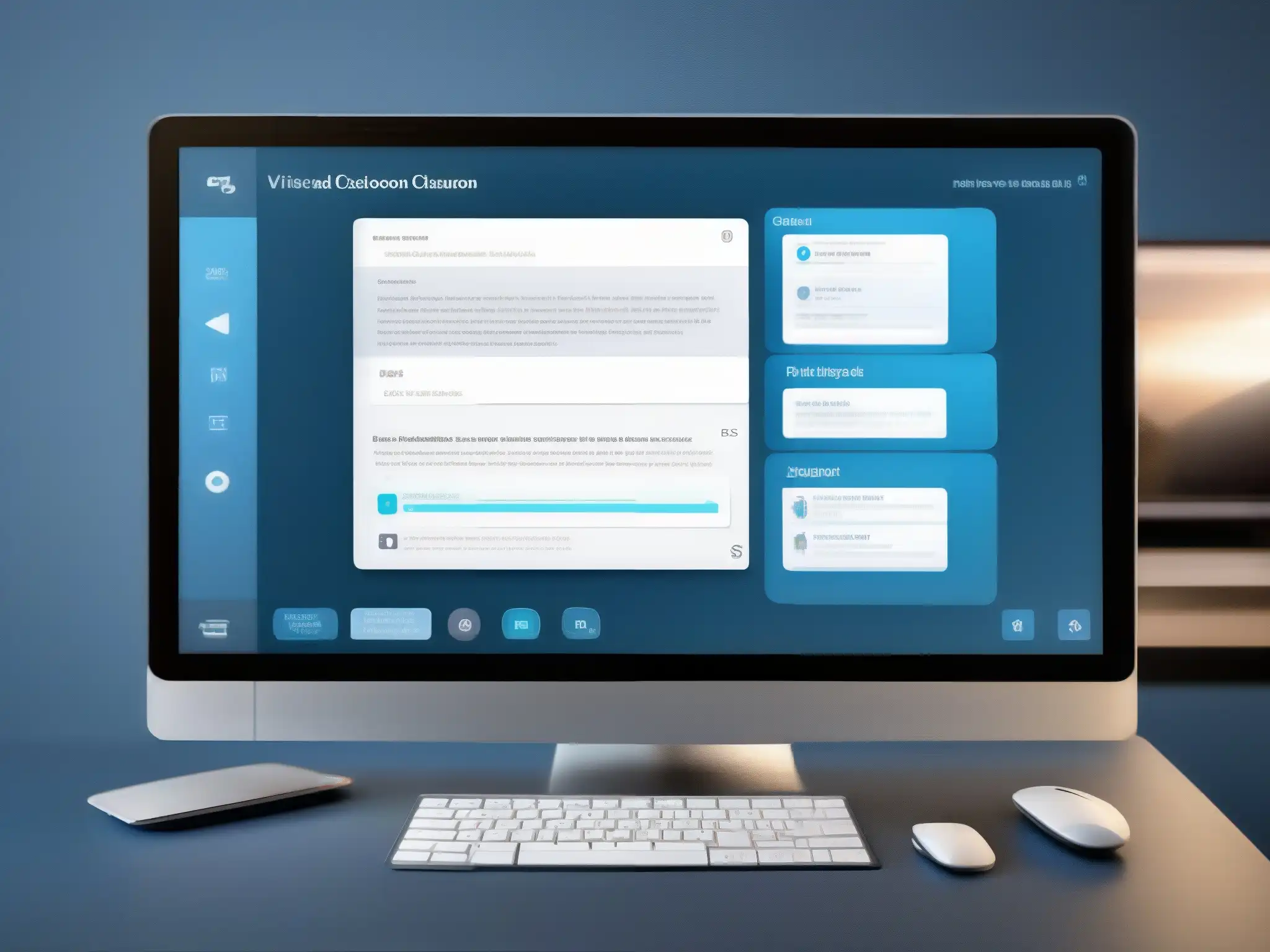 Virtual Classroom Innovador: Interactividad y Modernidad Interfaz de aula virtual con las mejores herramientas colaborativas para clases virtuales, ambiente moderno y dinámico en tonos de azul y gris