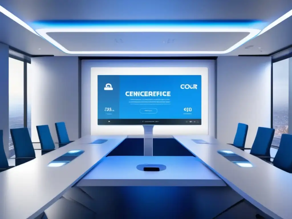Interfaz de videoconferencia futurista y minimalista Interfaz eficiente en videoconferencias: Futurista interfaz minimalista con controles intuitivos y ambiente inmersivo en tonos azules y blancos