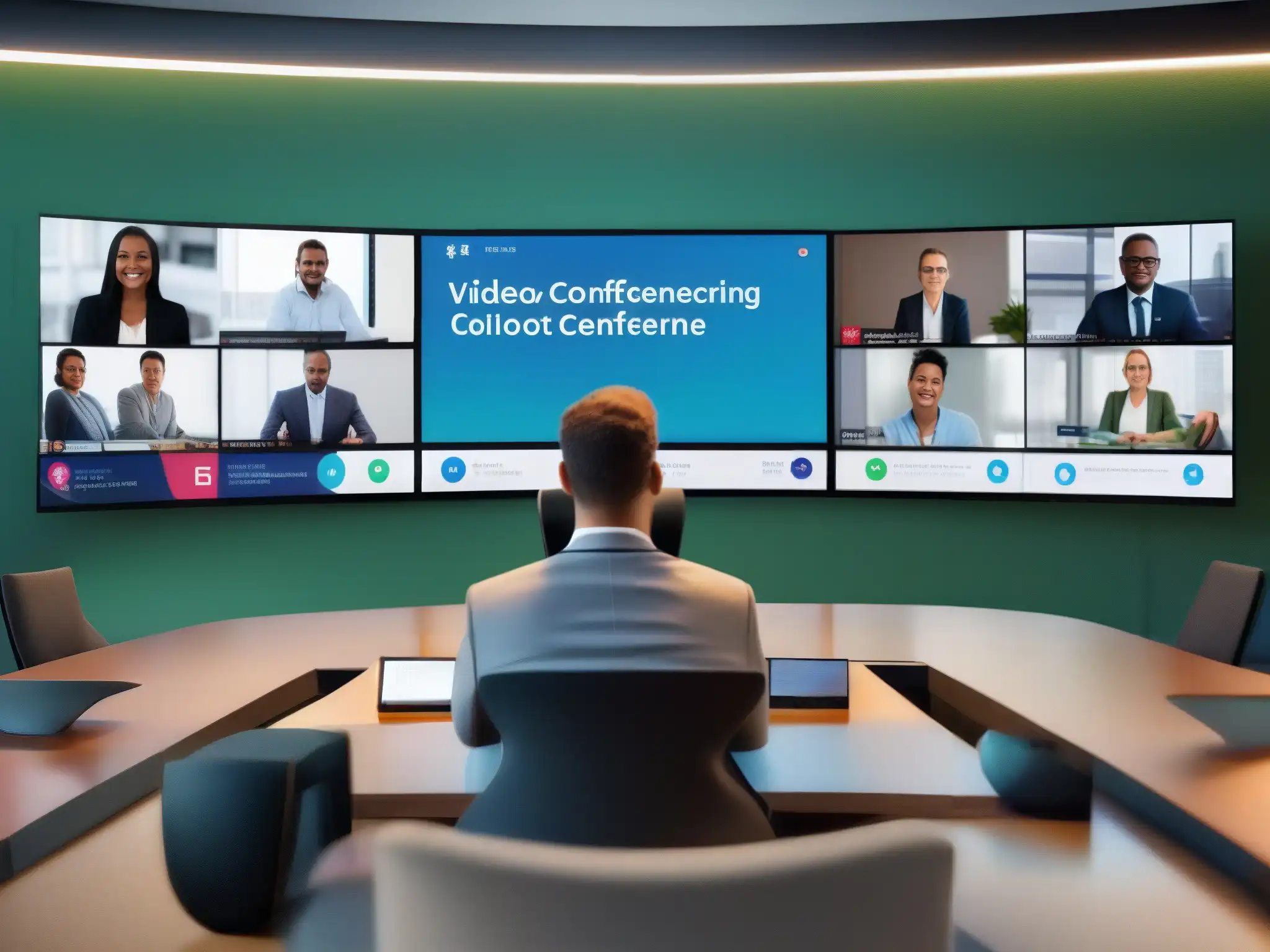 Plataforma de videoconferencia escalable y elegante Interfaz elegante de plataforma de videoconferencia, mostrando escalabilidad para equipos pequeños y grandes empresas