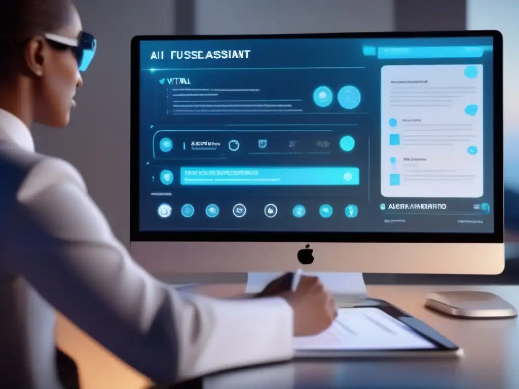 Interfaz de asistente virtual futurista para reuniones Interfaz futurista de asistente virtual proyectando notas de reunión y análisis de datos en hologramas, integración IA asistentes virtuales reuniones